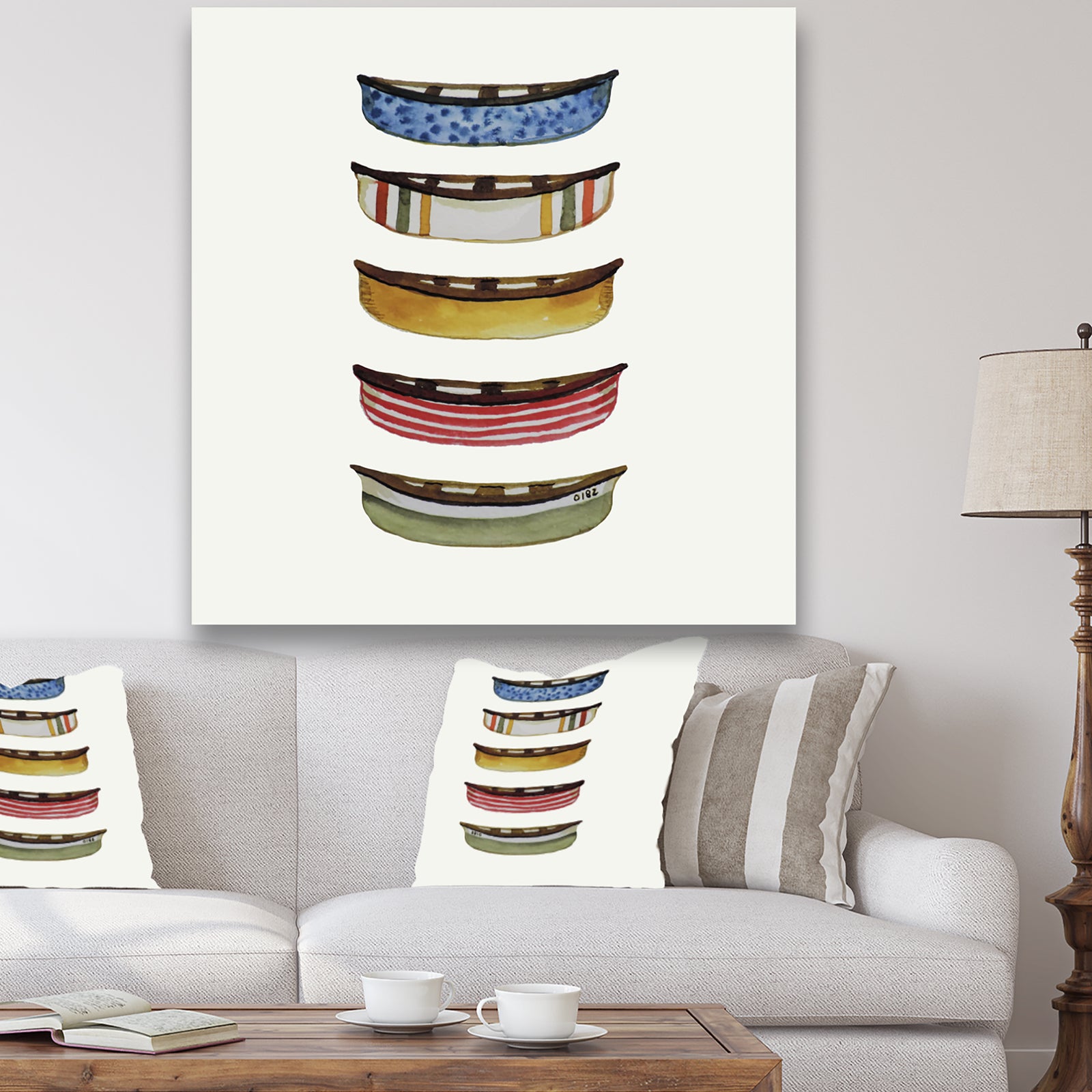 Five Canoes - Lake House Premium Canvas Wall Art