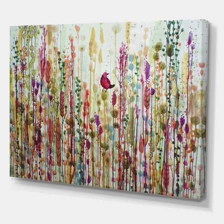 Red Bird In Color Meadow - Cottage Canvas Artwork