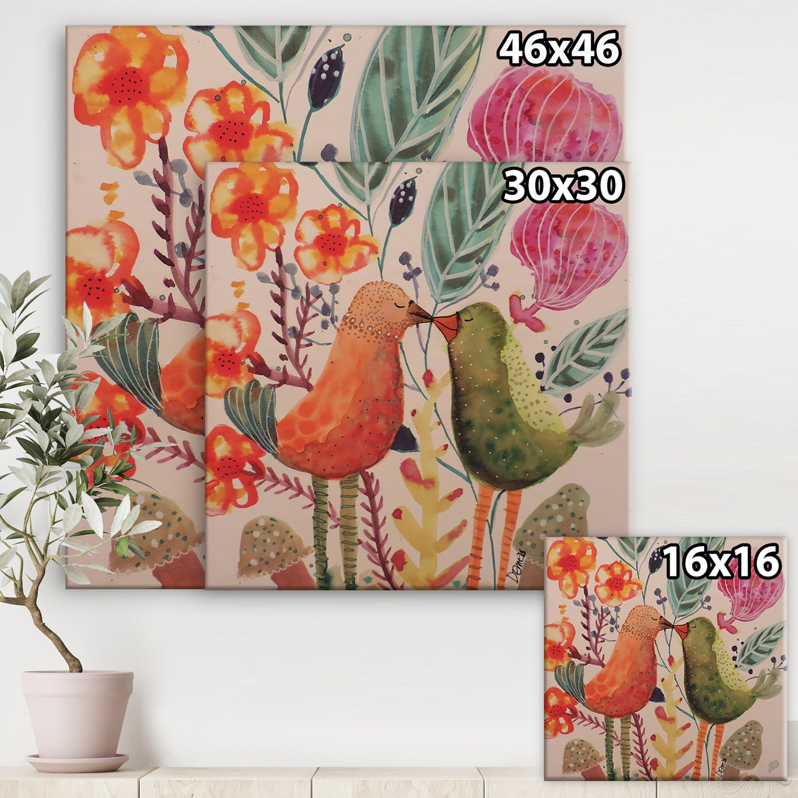 Smiling Bird Kiss - Cottage Canvas Artwork