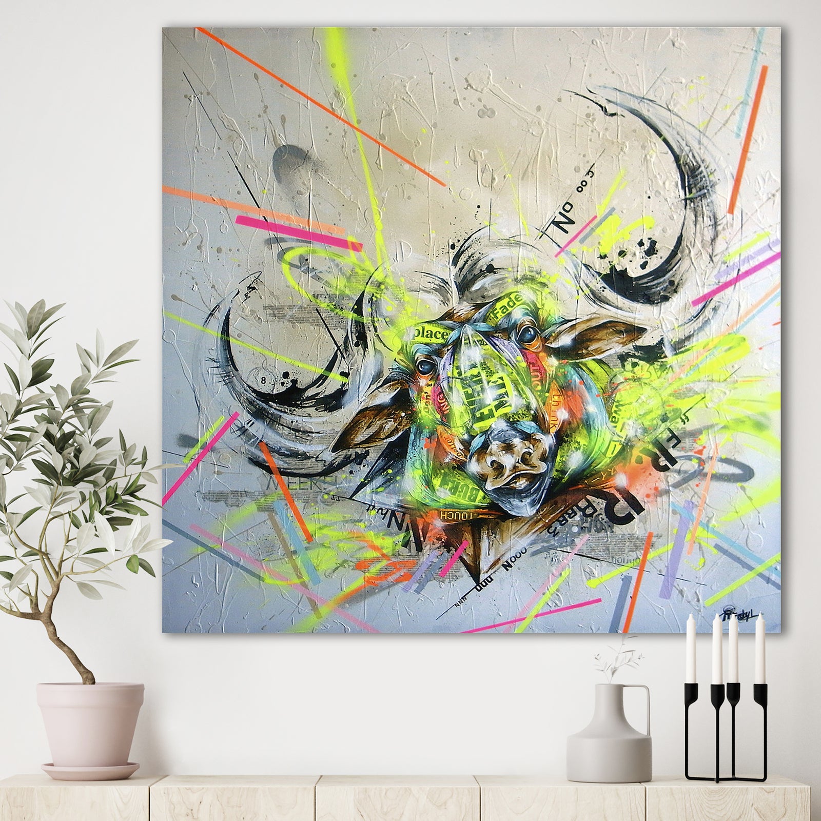 Fluo Water Buffalo Street Art - Modern & Contemporary Canvas Art Print