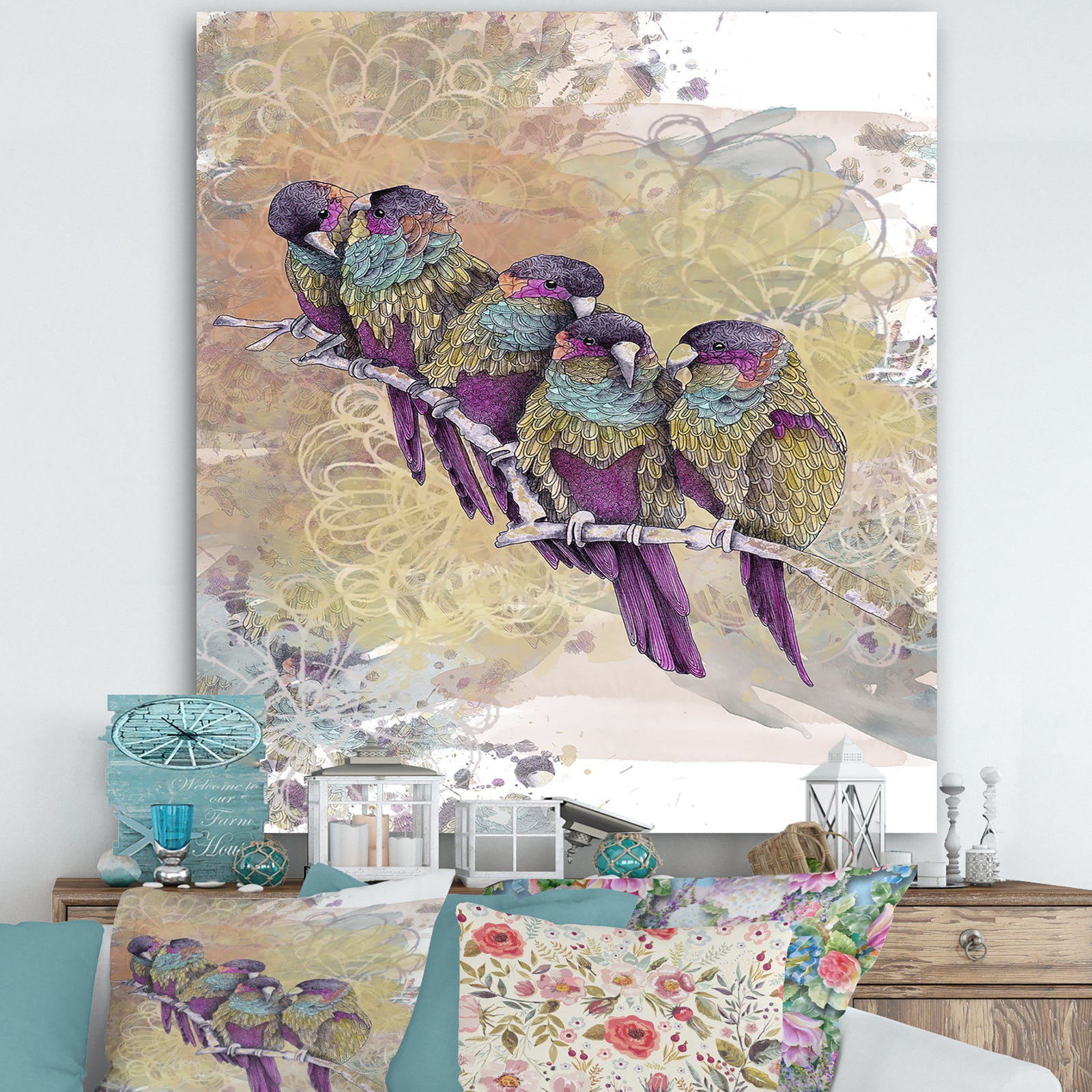 Purple Parrots - Cottage Canvas Art Print