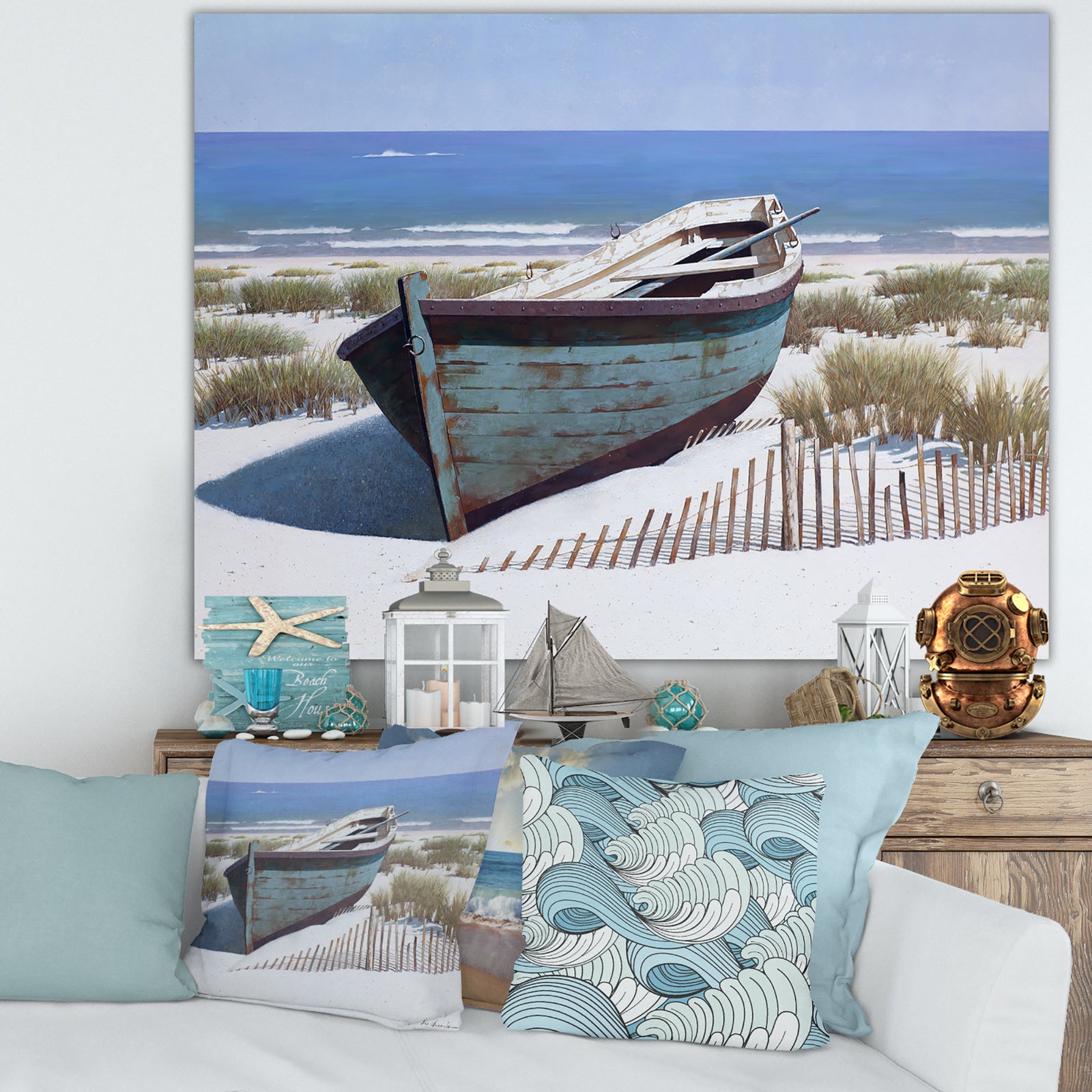 Blue Boat on Beach - Nautical & Coastal Canvas Artwork