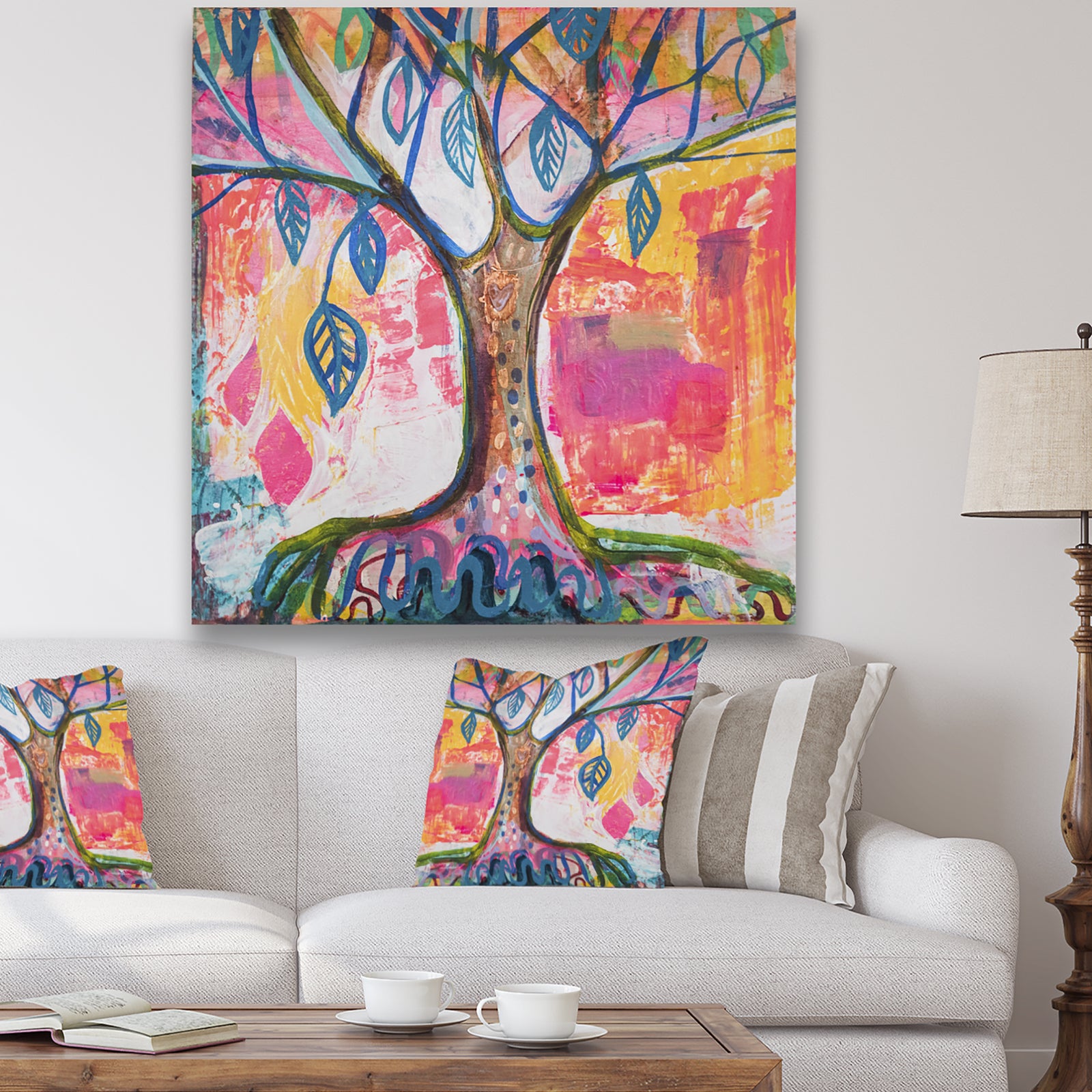 Pink And Yellow Tree With Blue Leaves - Cottage Canvas Wall Art