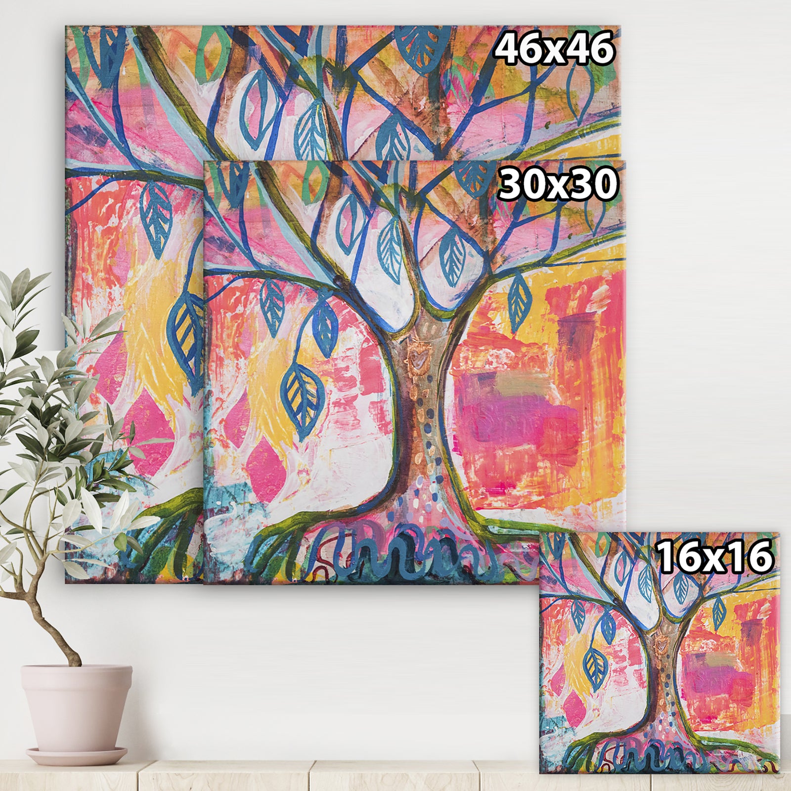 Pink And Yellow Tree With Blue Leaves - Cottage Canvas Wall Art