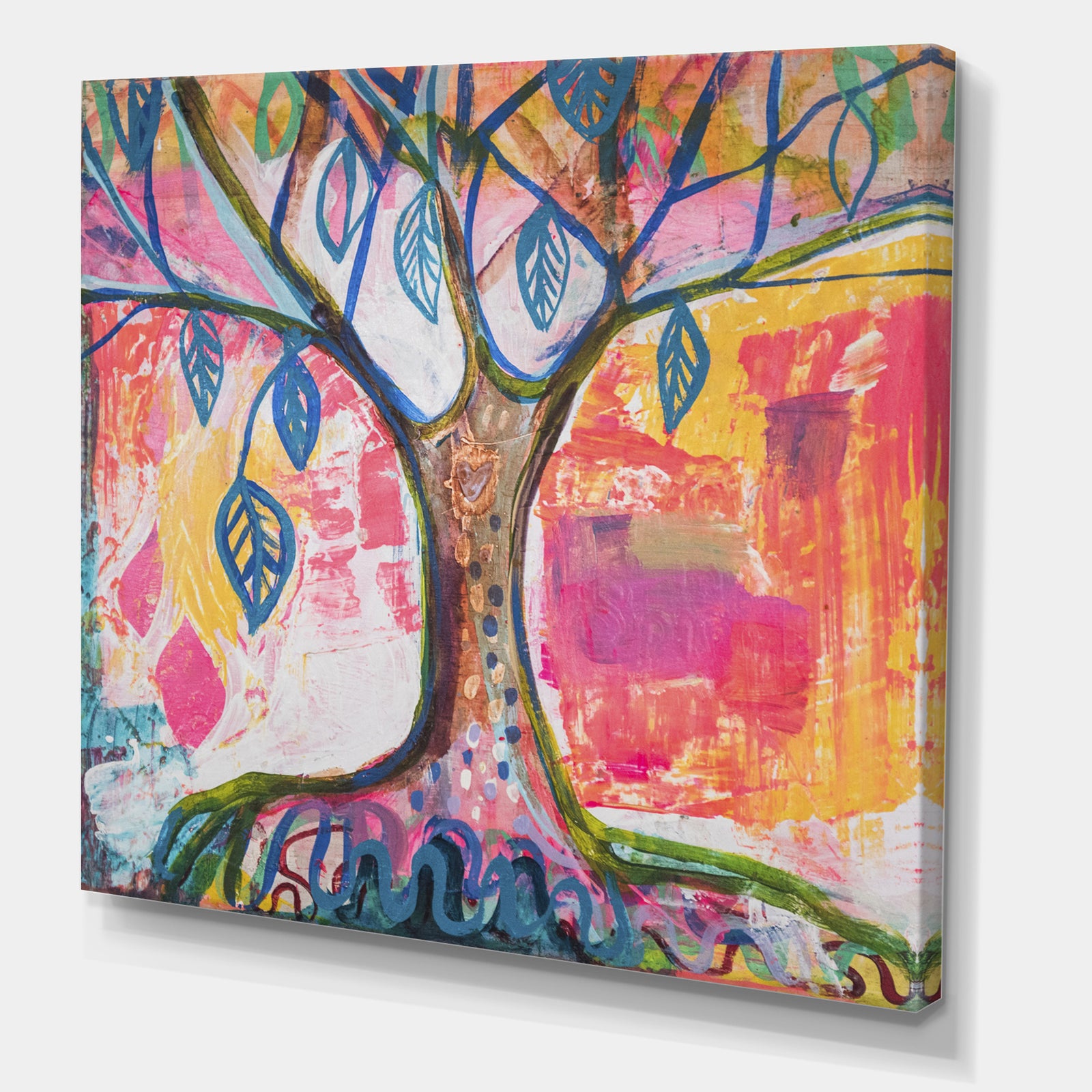 Pink And Yellow Tree With Blue Leaves - Cottage Canvas Wall Art