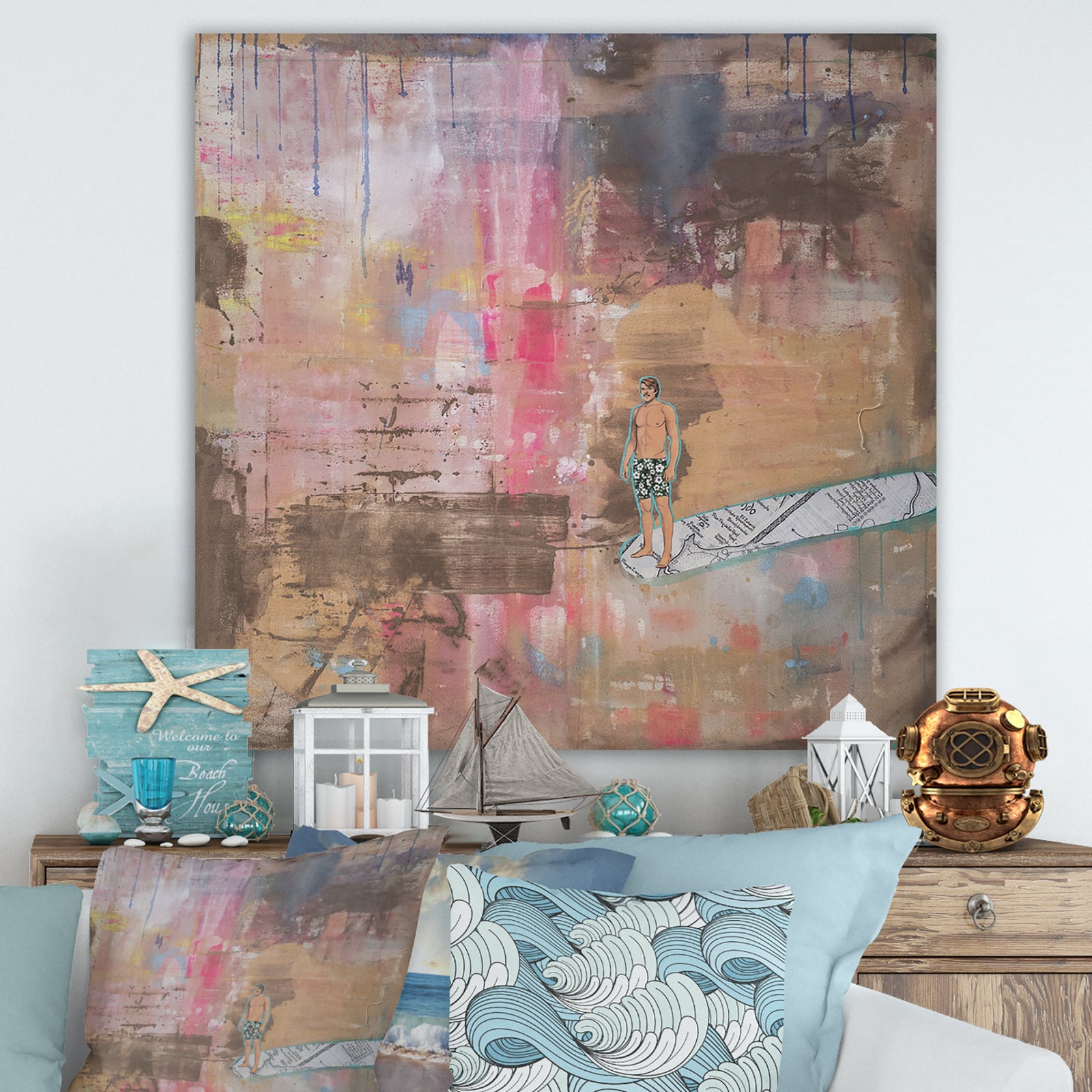 Surfing in Abstract Colors - Nautical & Coastal Premium Canvas Wall Art