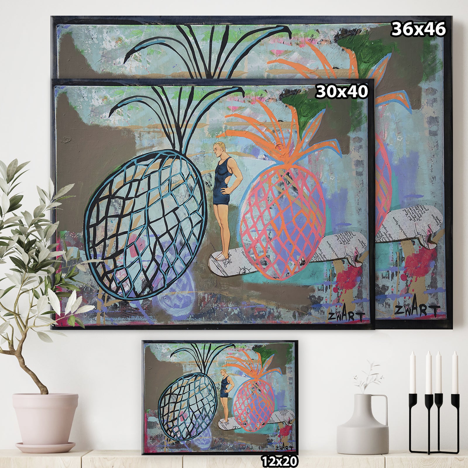 Two Pineapples And A Surfboarder - Cottage Canvas Artwork