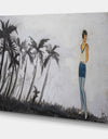 Black Palm Trees And Blue Model - Nautical & Coastal Premium Canvas Wall Art