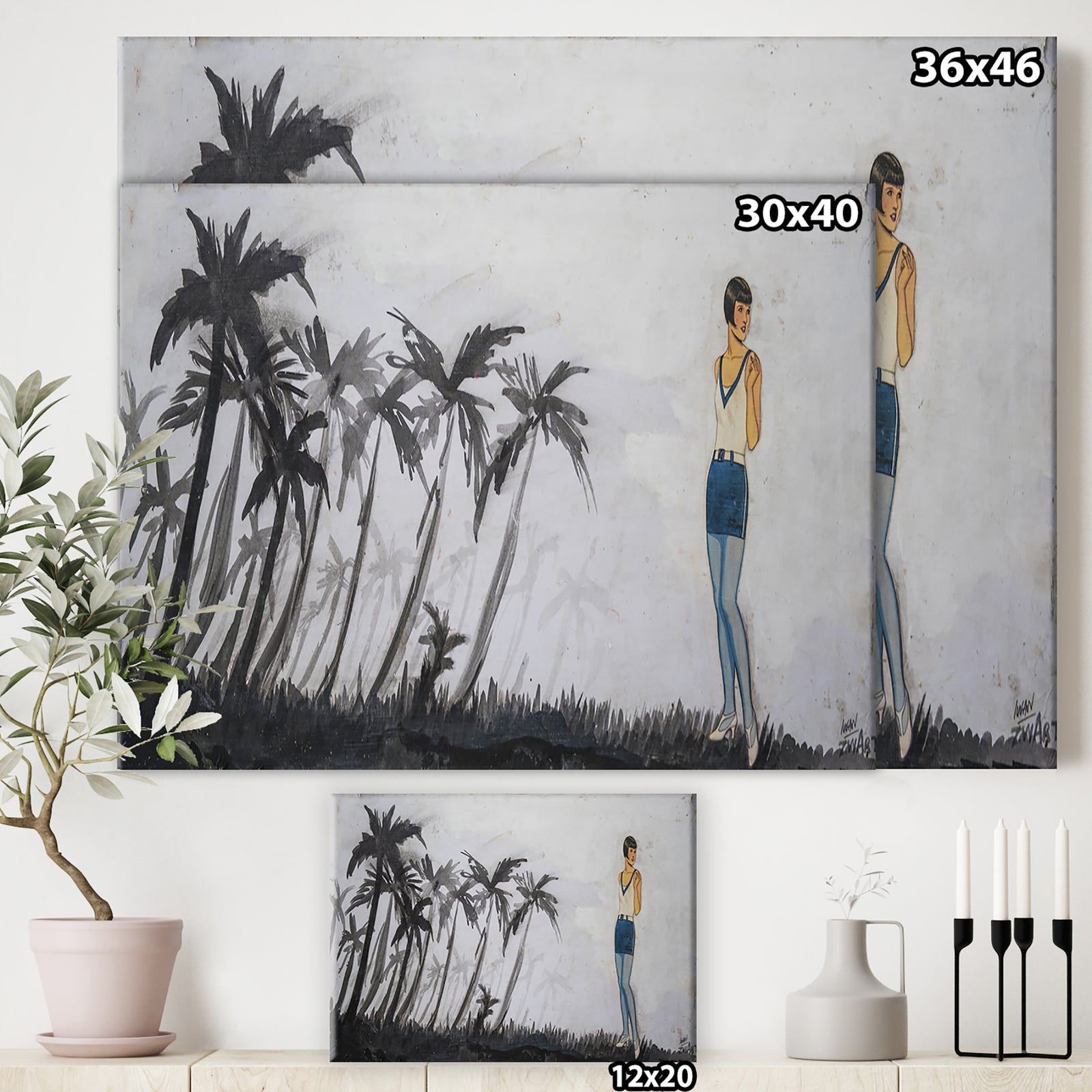 Black Palm Trees And Blue Model - Nautical & Coastal Premium Canvas Wall Art