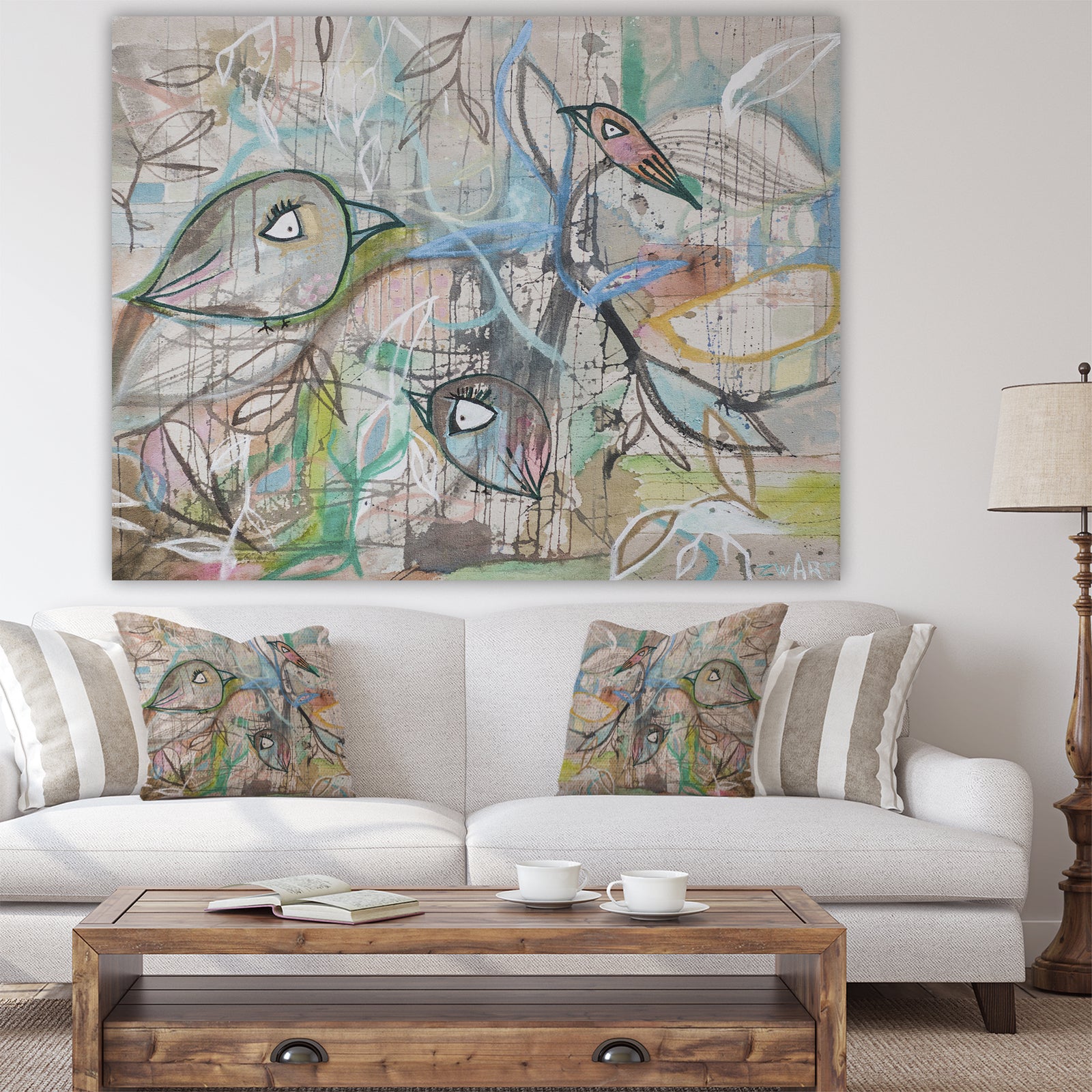 Pastel Birds Float - Cottage Canvas Wall Art