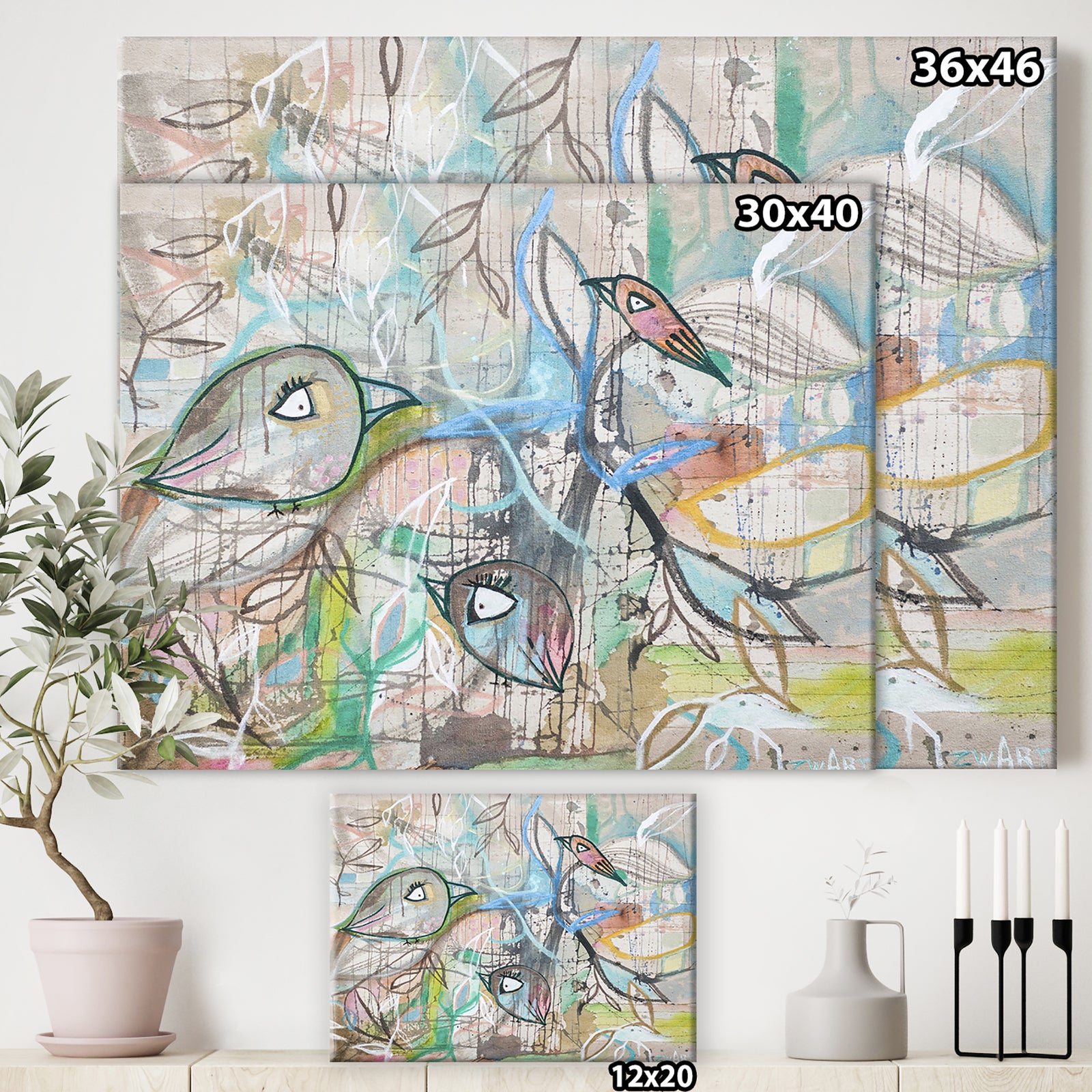 Pastel Birds Float - Cottage Canvas Wall Art