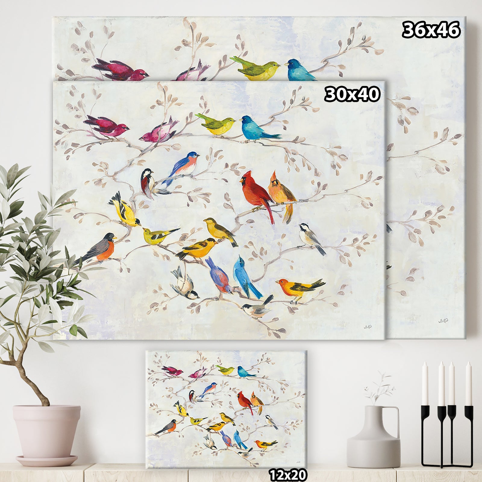 Multi-Color Bird on Tree - Modern Farmhouse Canvas Art
