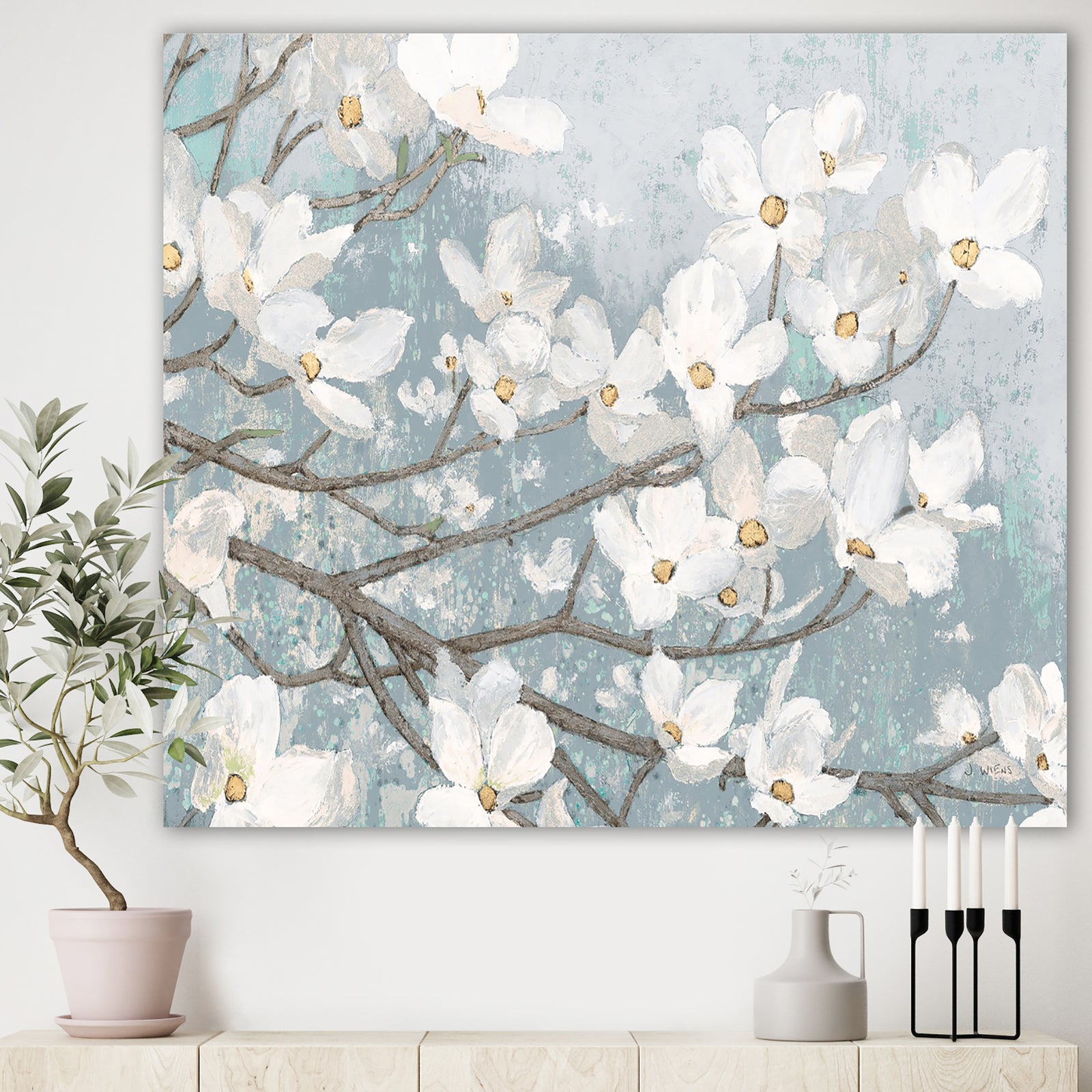 Blue on Grey Blossoms - Traditional Canvas Artwork