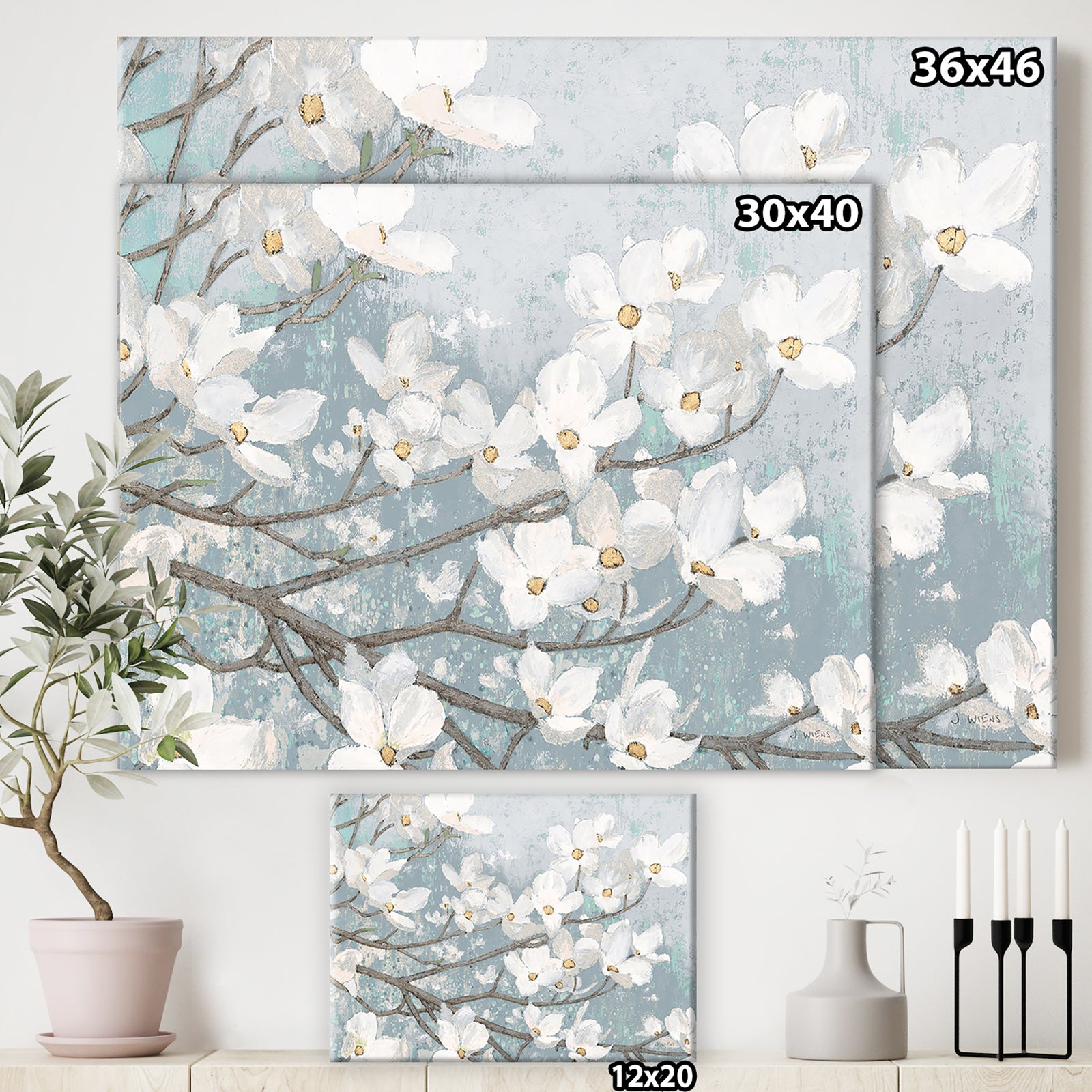 Blue on Grey Blossoms - Traditional Canvas Artwork