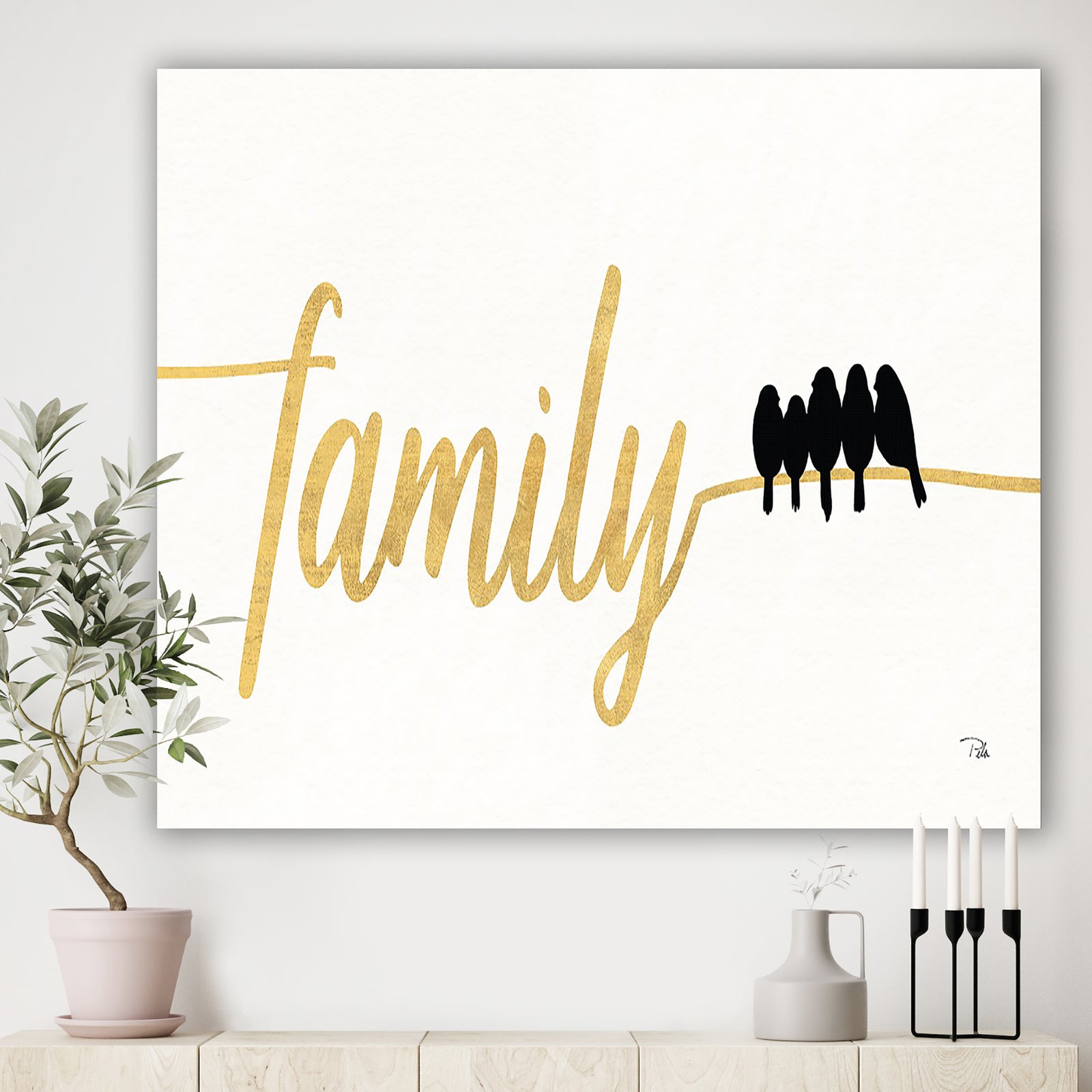 Family of Birds on Gold Words II - Cottage Gallery-wrapped Canvas