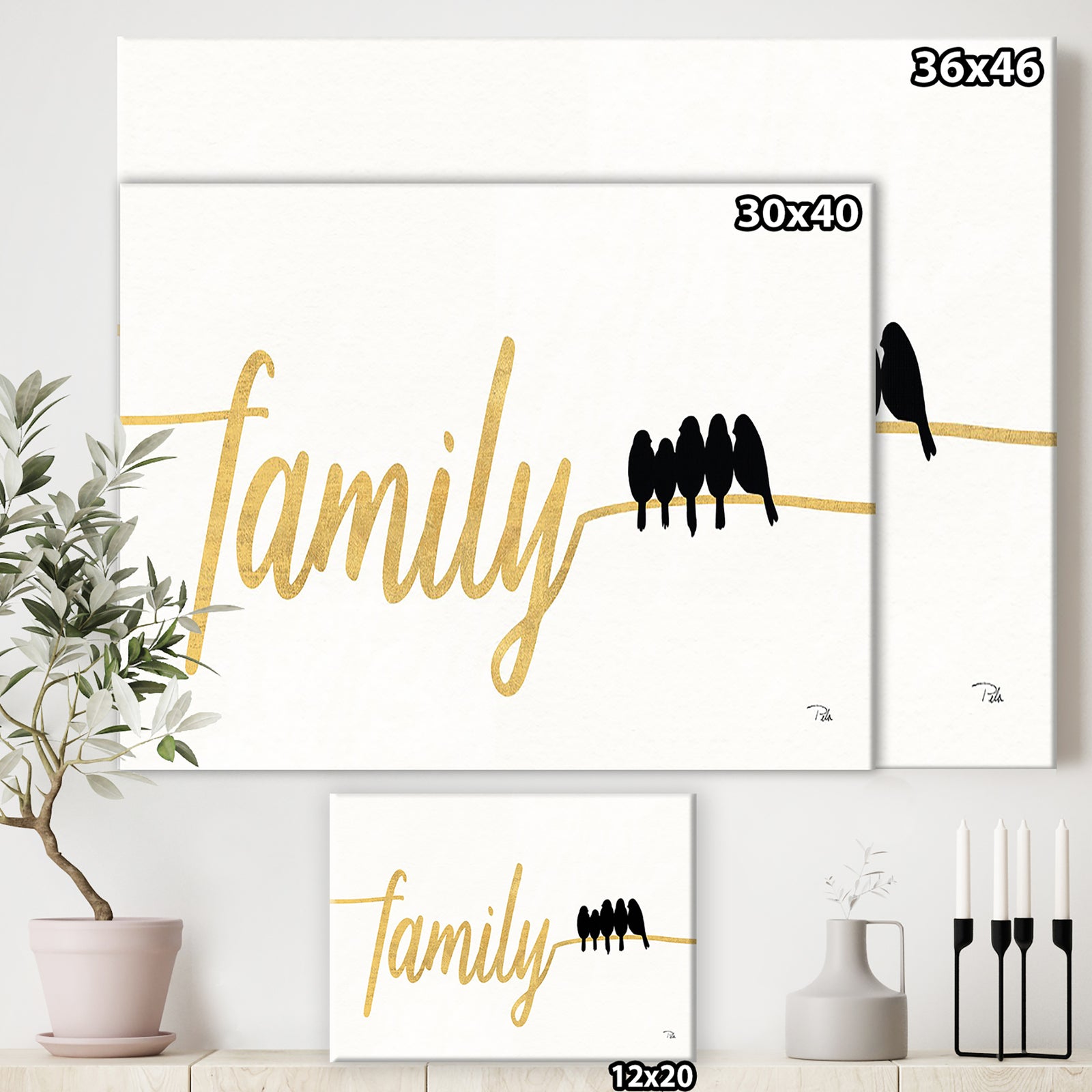 Family of Birds on Gold Words II - Cottage Gallery-wrapped Canvas