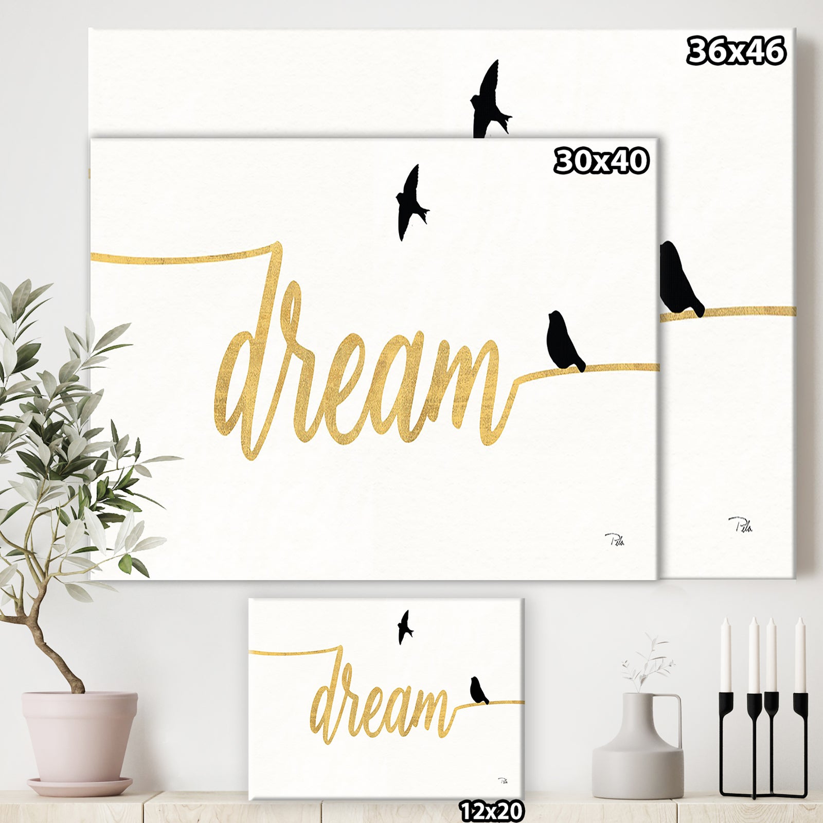 Family of Birds on Gold Words II - Cottage Canvas Artwork