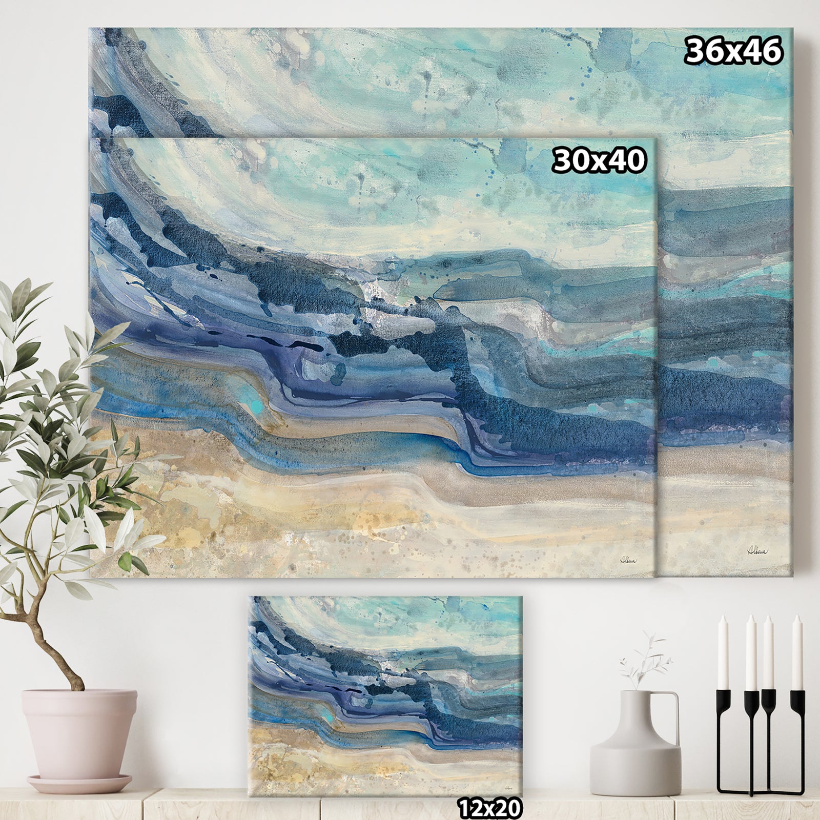 Coast Blue Sea Waves Watercolour - Modern Farmhouse Canvas Art