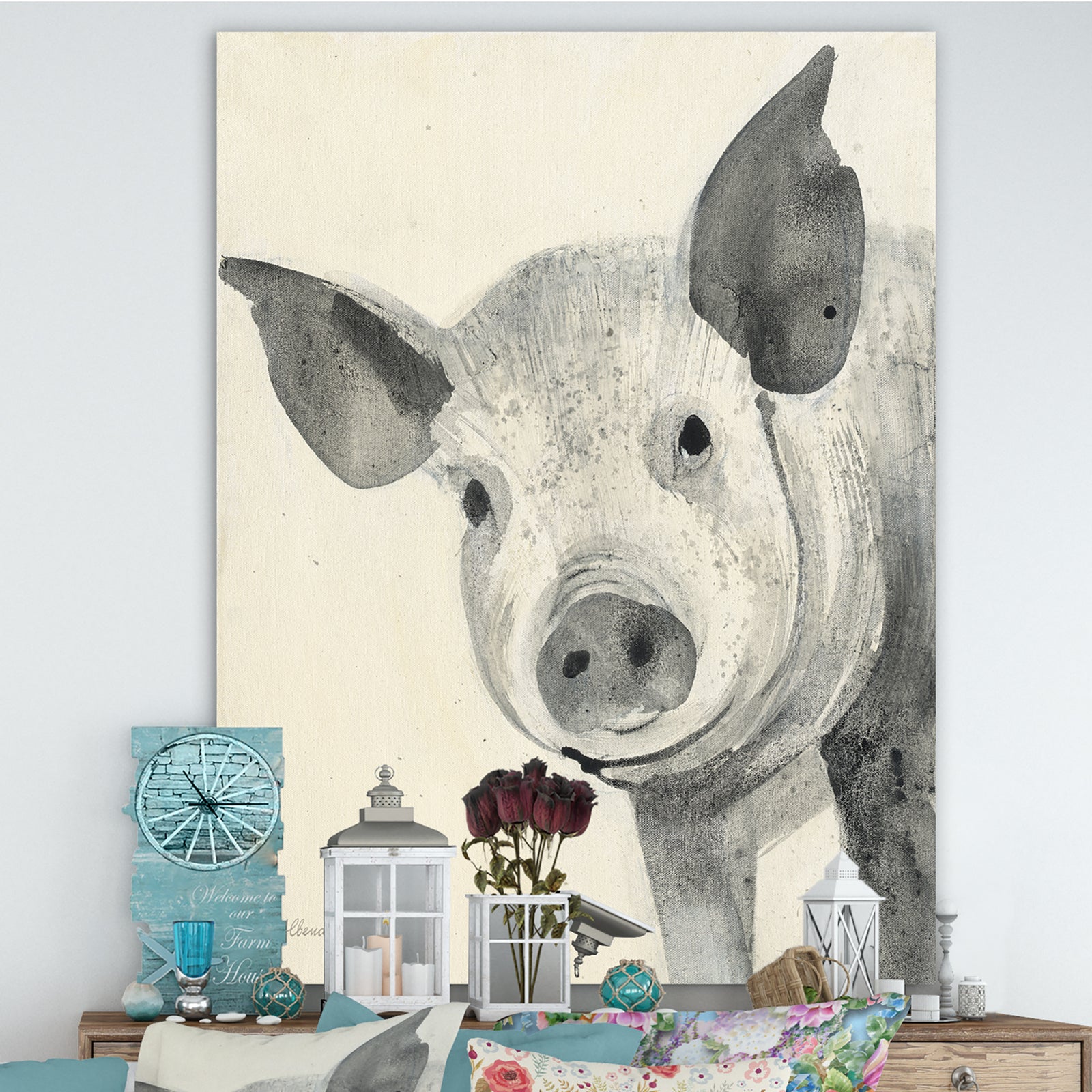 Piglet Farmhouse Animal in Black and White - Farmhouse Animals Gallery-wrapped Canvas