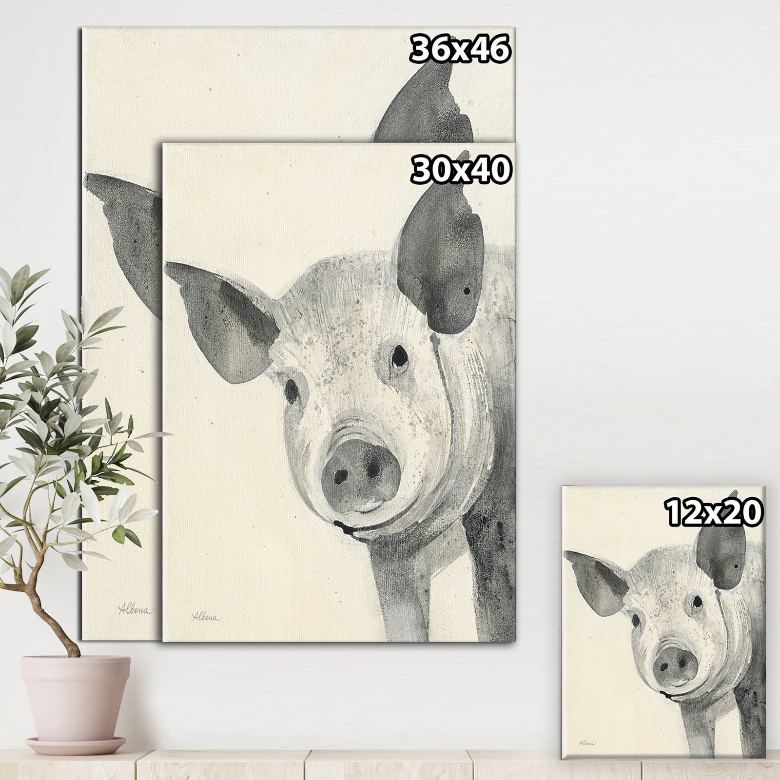 Piglet Farmhouse Animal in Black and White - Farmhouse Animals Gallery-wrapped Canvas