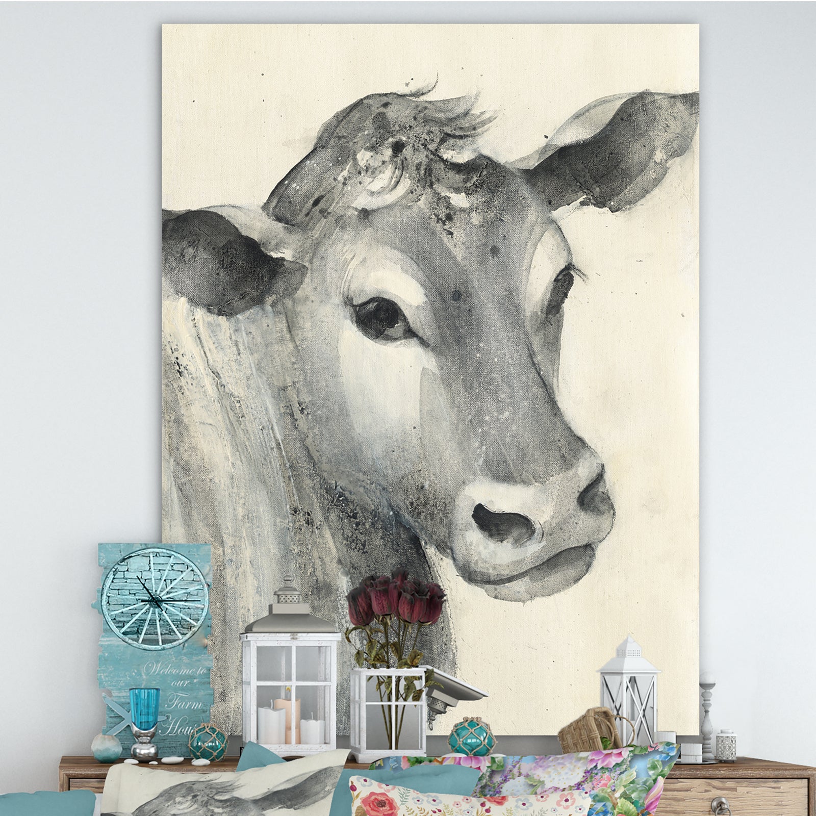 Cow Farmhouse Animal in Black and White - Farmhouse Animals Canvas Artwork