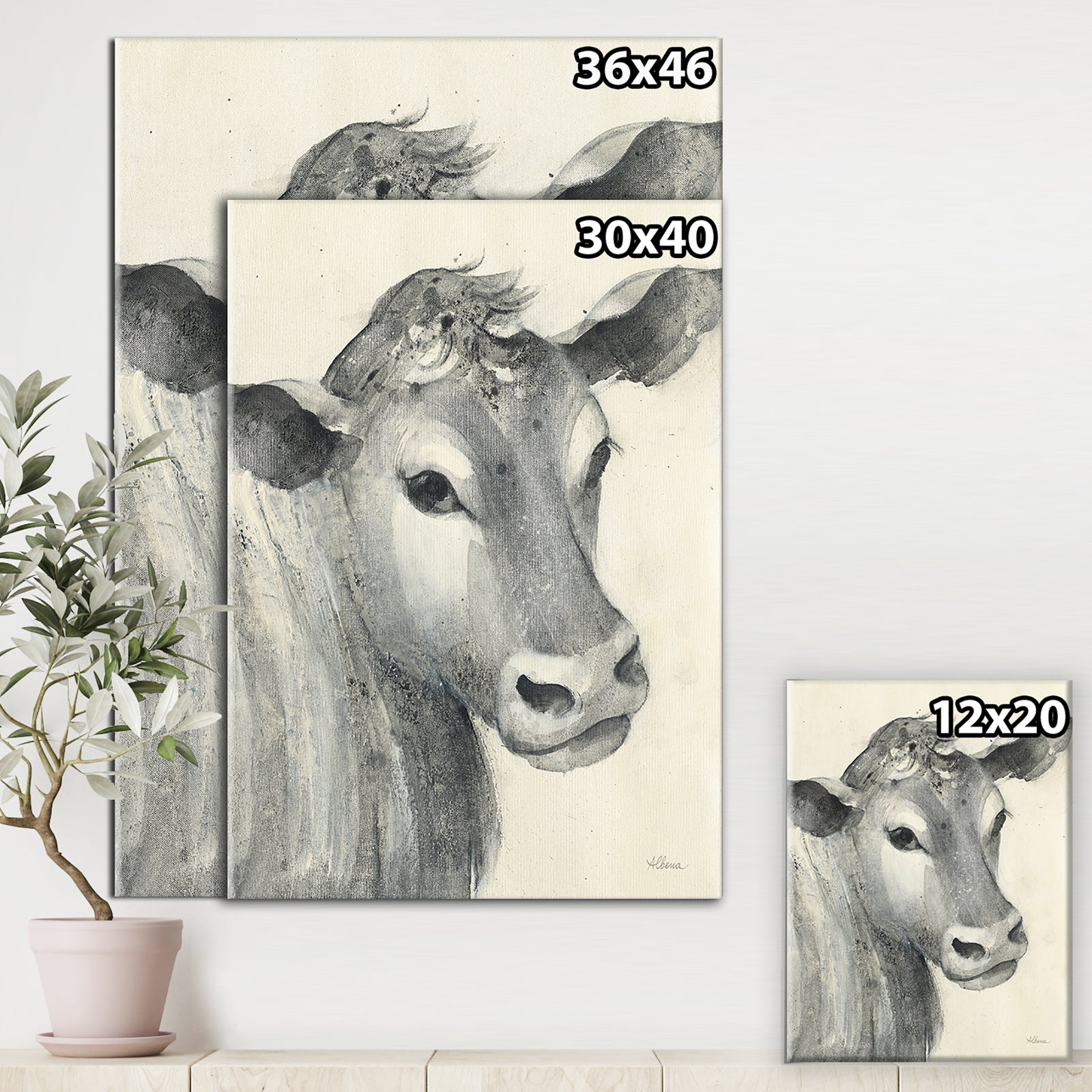 Cow Farmhouse Animal in Black and White - Farmhouse Animals Canvas Artwork