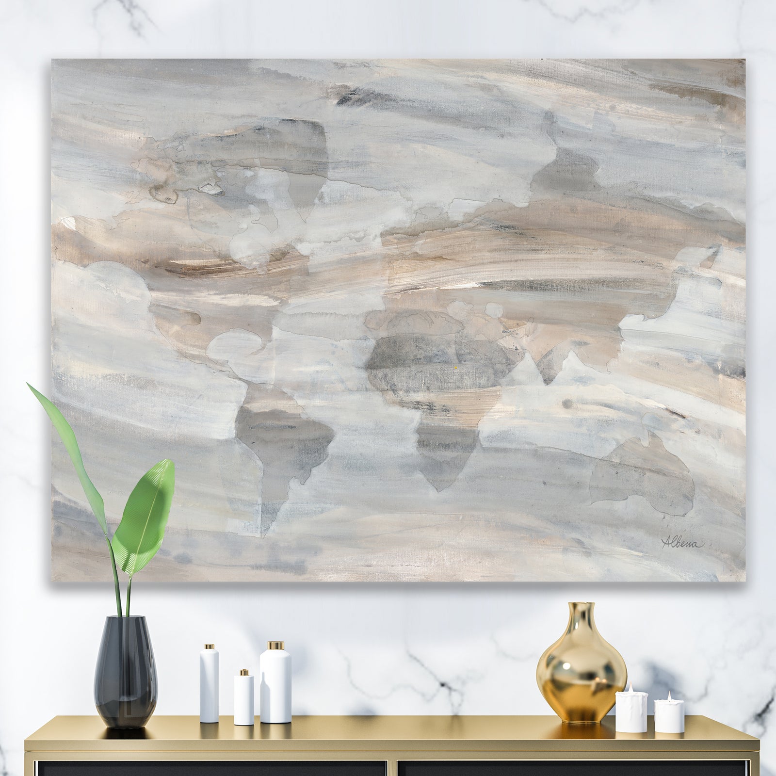 Misty World Map - Glam Map Canvas Artwork