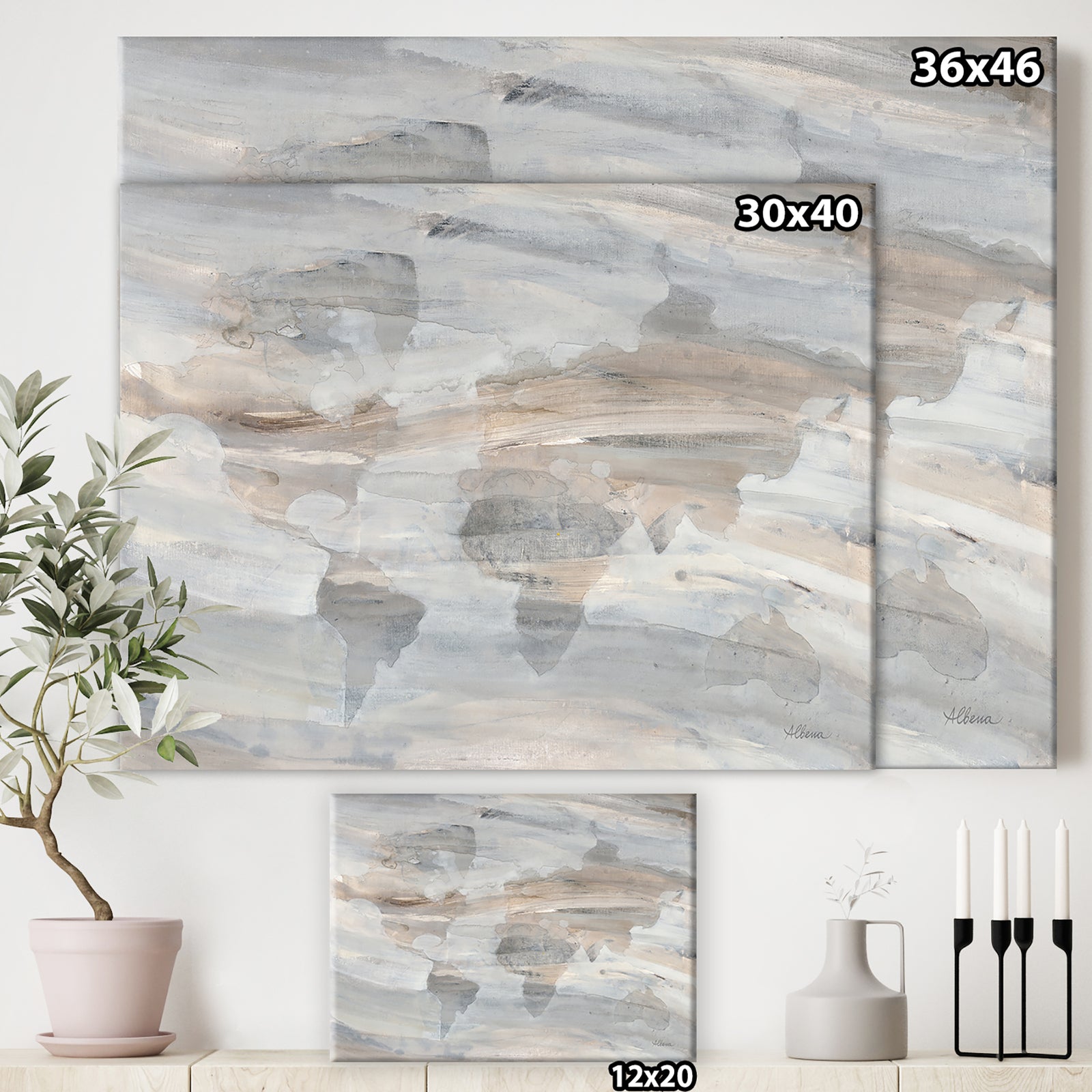 Misty World Map - Glam Map Canvas Artwork