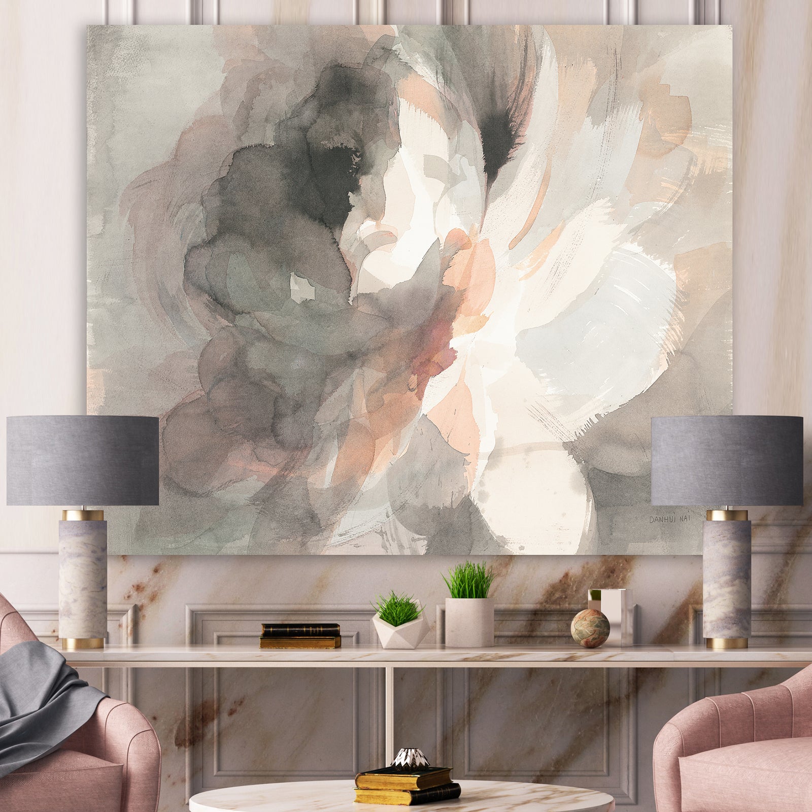 Abstract Peony Grey - Pink Modern Gallery-wrapped Canvas