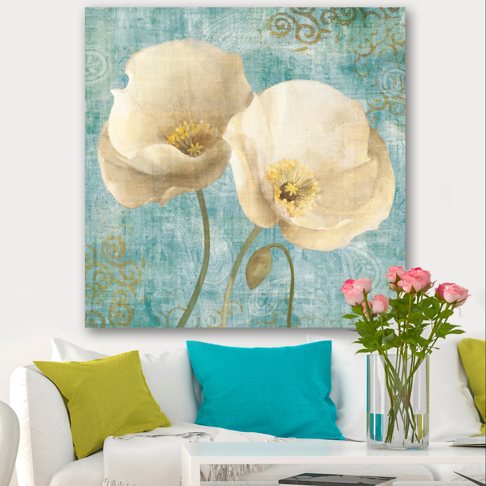 bouquet Poppies on Paisley II - Cottage Canvas Artwork