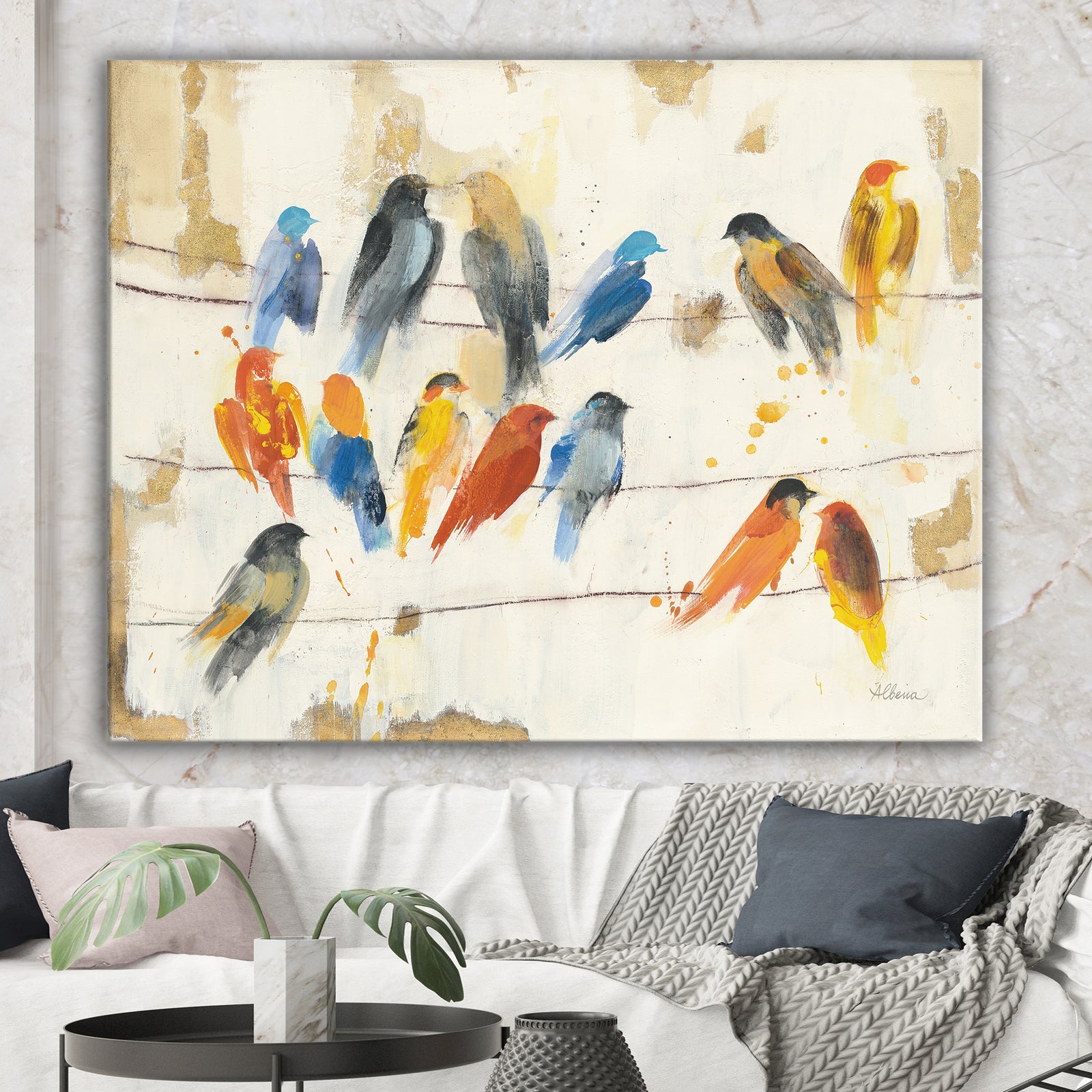 Multicolor Bird Meeting - Traditional Animal Premium Canvas Wall Art