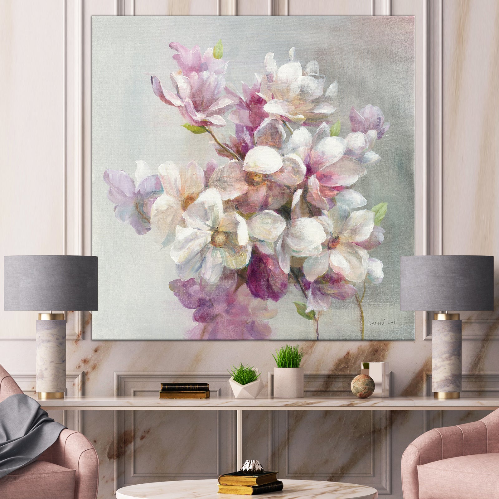 Pink Magnolia Flowers - Shabby Chic Canvas Art