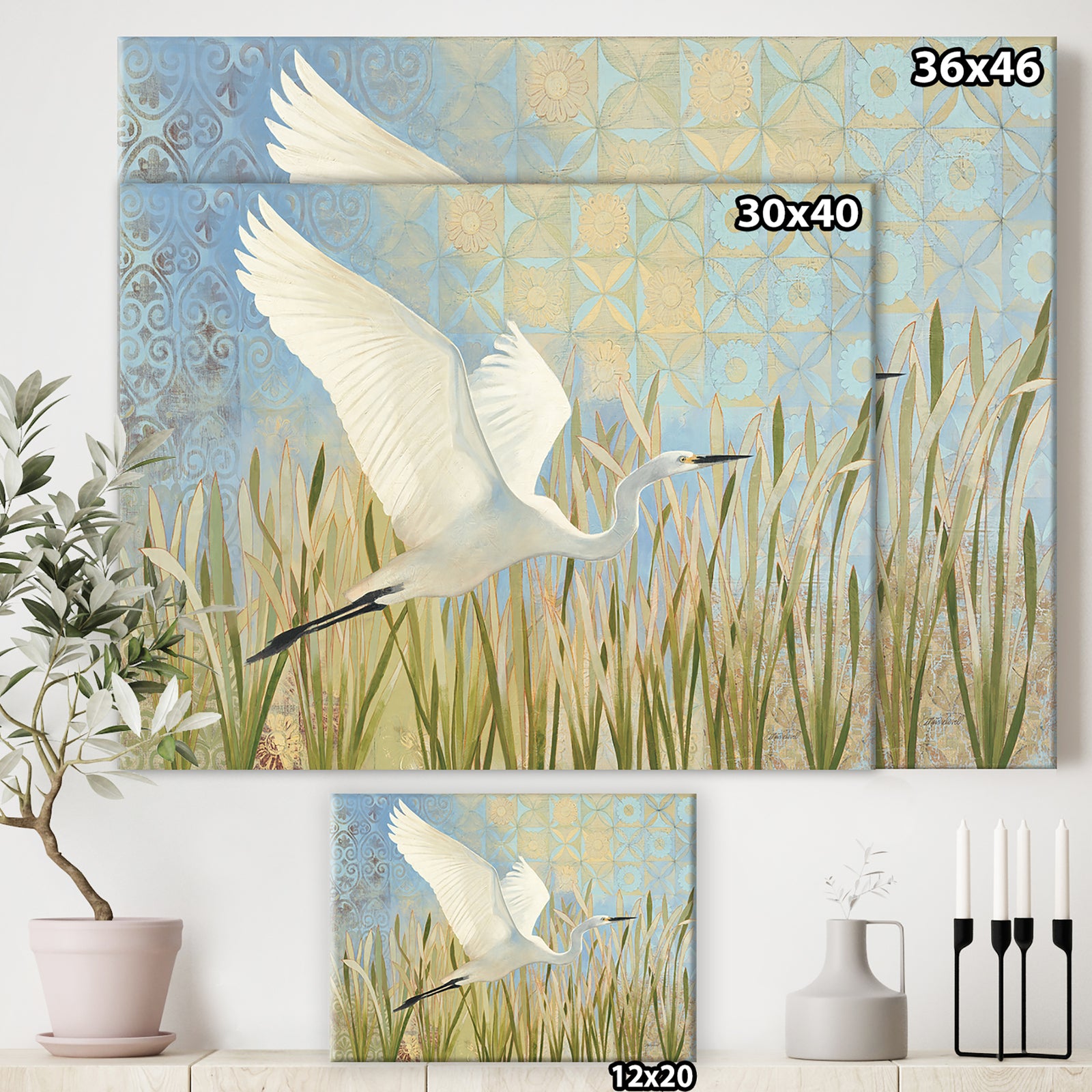Snowy Egret in Flight vII - Farmhouse Canvas Artwork