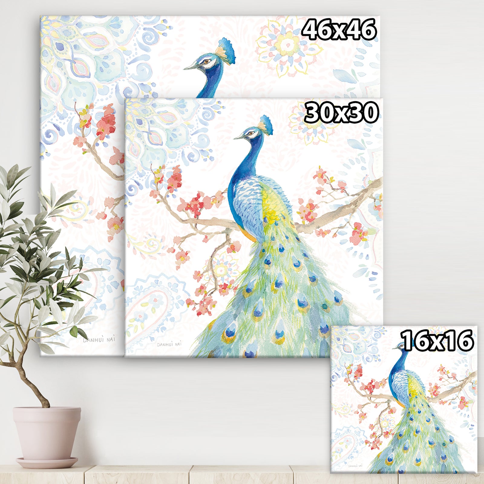 peacocks Watercolor II - Traditional Gallery-wrapped Canvas