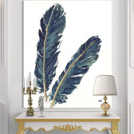 Gold Indigo Feathers IV - Modern Bohemian Canvas Artwork