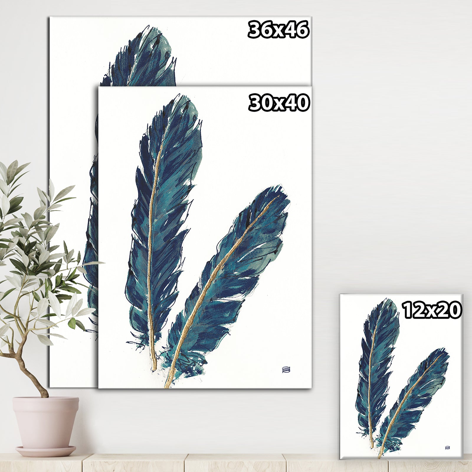 Gold Indigo Feathers IV - Modern Bohemian Canvas Artwork