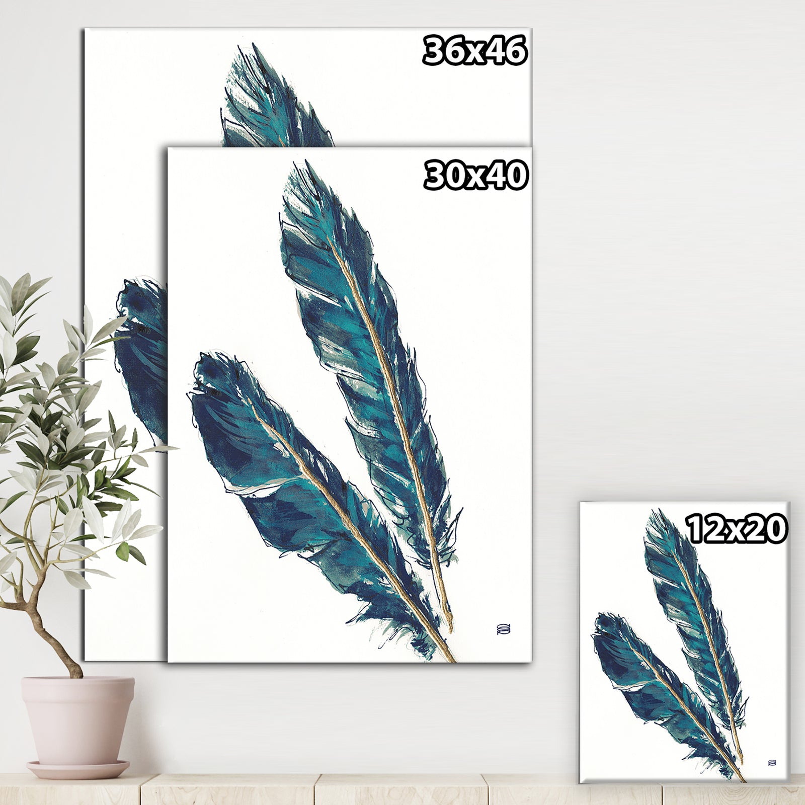 Gold Indigo Feathers III - Modern Bohemian Canvas Art