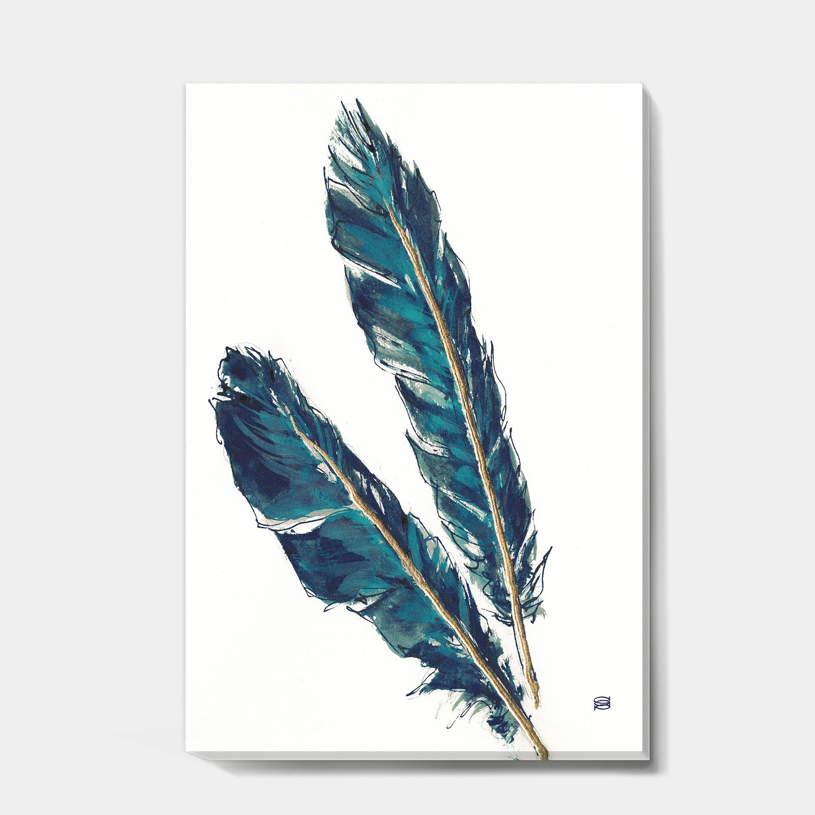 Gold Indigo Feathers III - Modern Bohemian Canvas Art