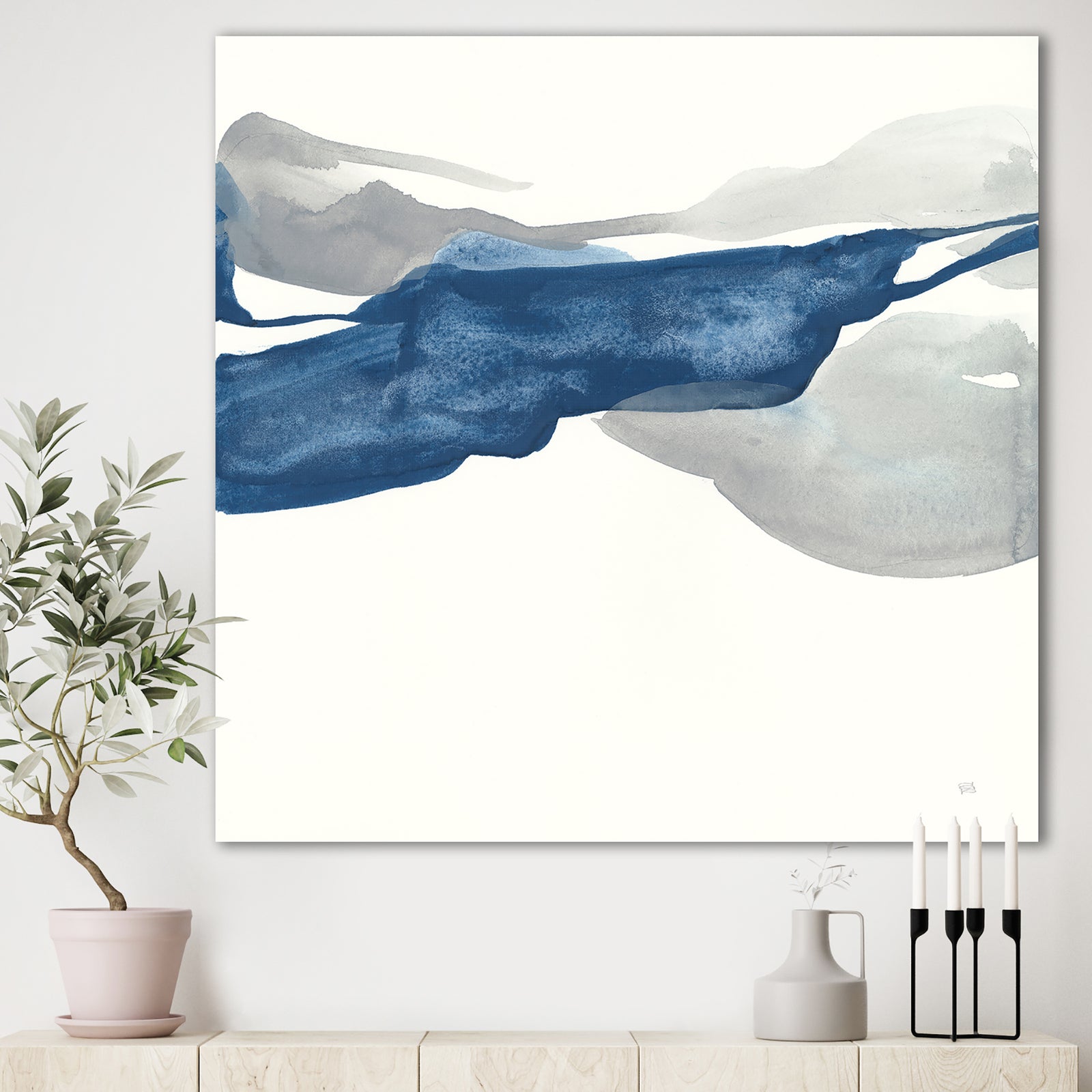 Gouache Sapphire on Gray II - Modern & Transitional Gallery-wrapped Canvas