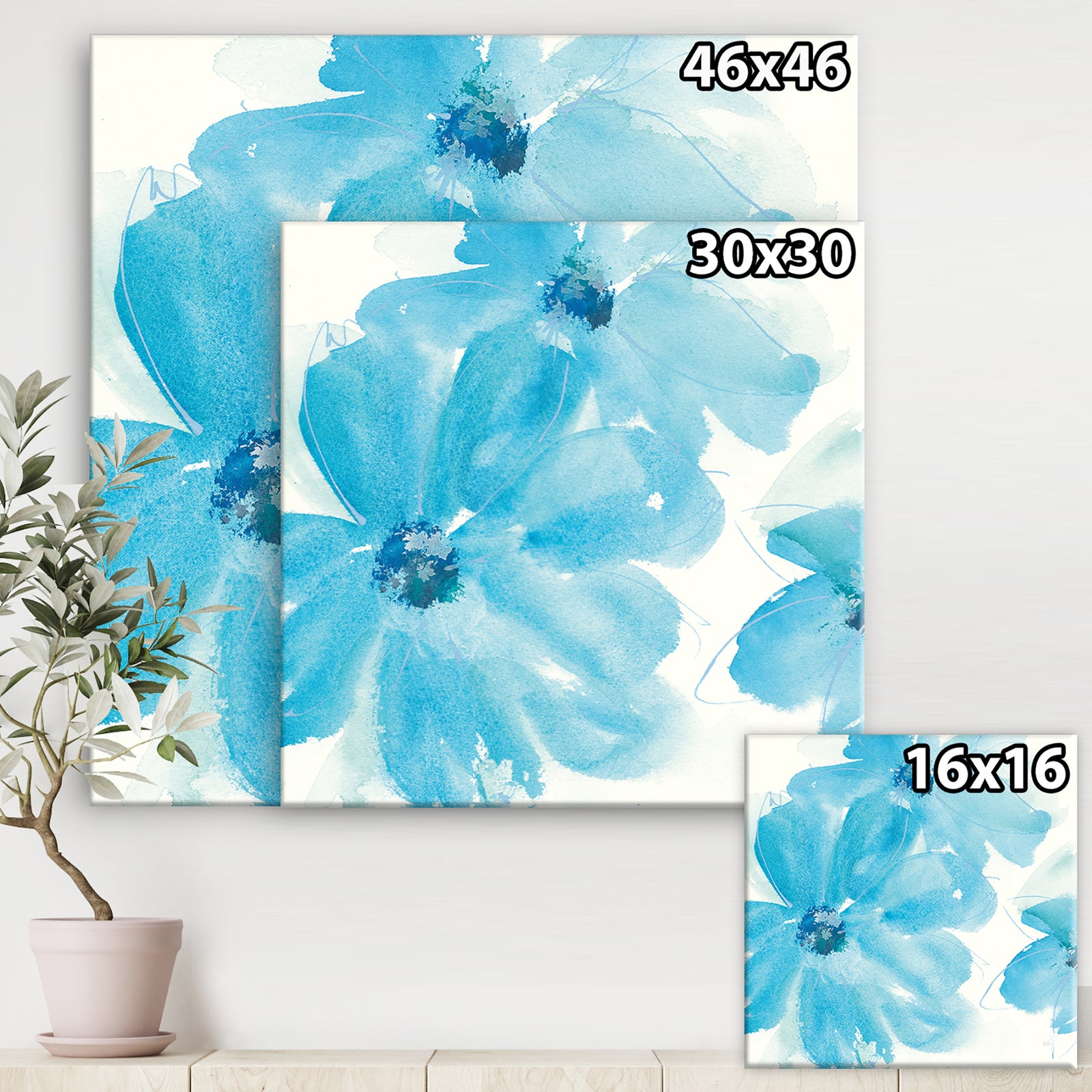 Blue Watercolor Flowers - Farmhouse Premium Canvas Wall Art