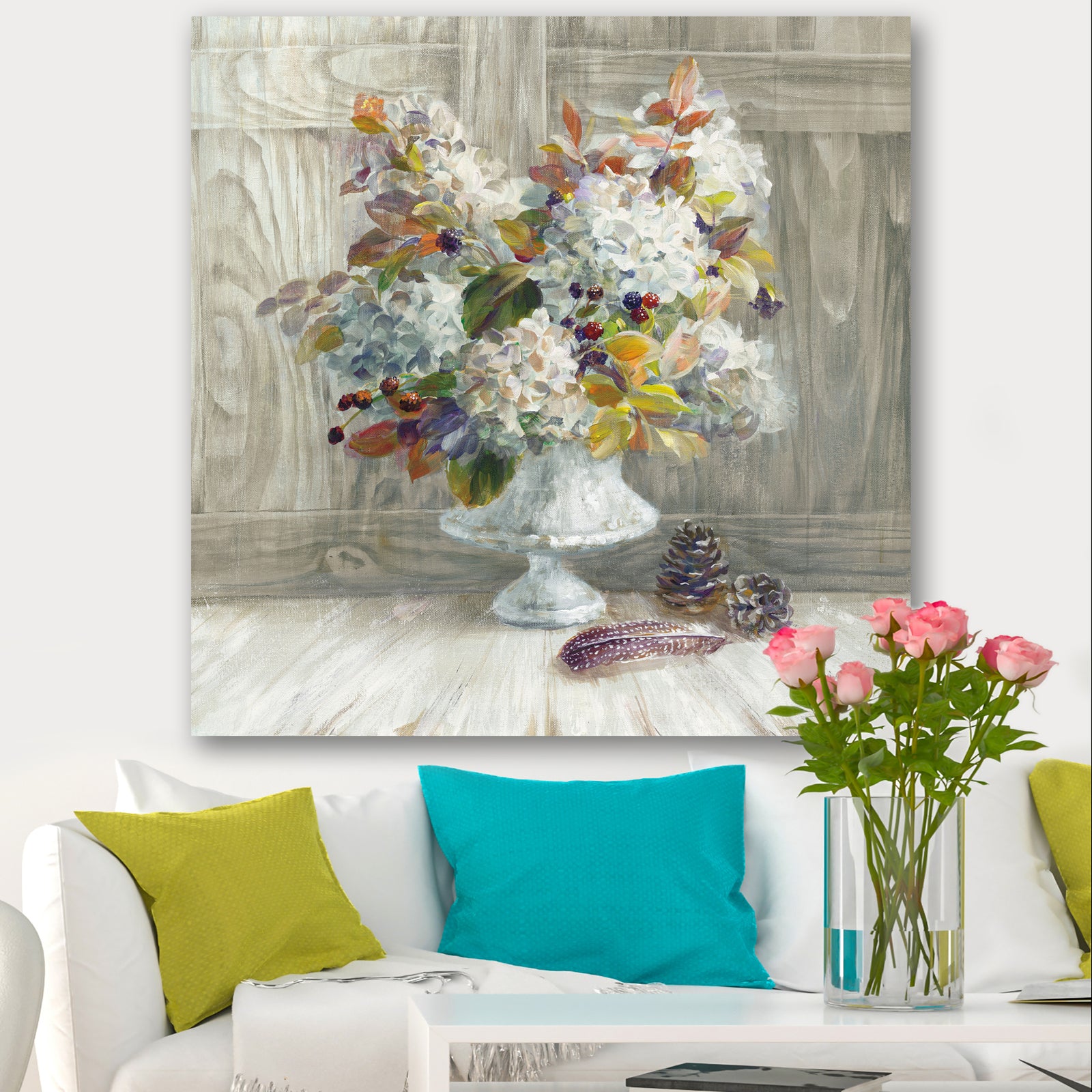 Rustic Florals White - Cabin & Lodge Premium Canvas Wall Art