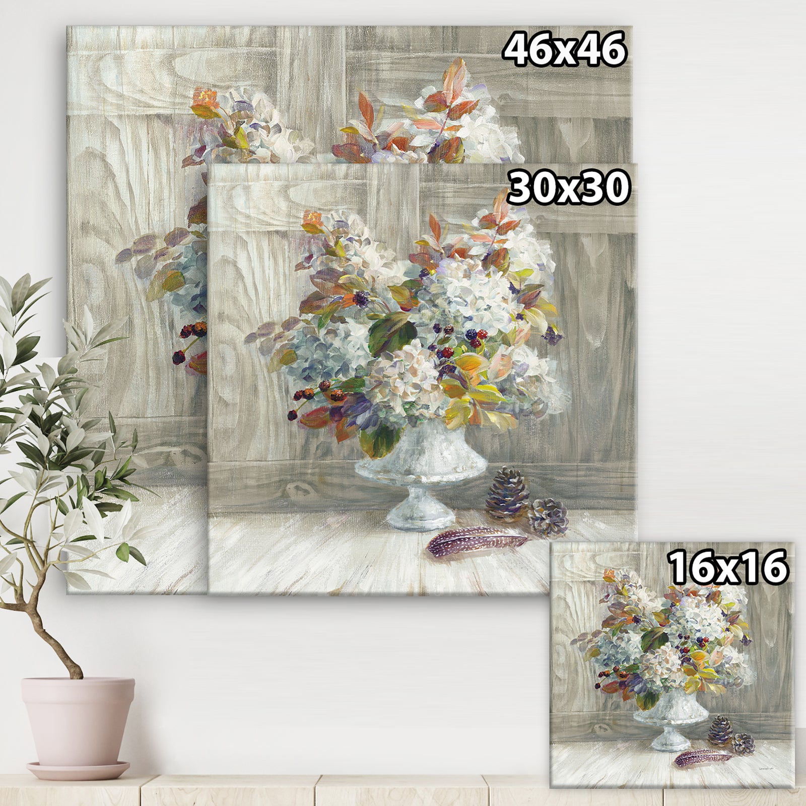 Rustic Florals White - Cabin & Lodge Premium Canvas Wall Art