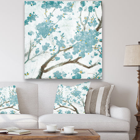 Teal Cherry Blossoms I - Traditional Floral Canvas Artwork