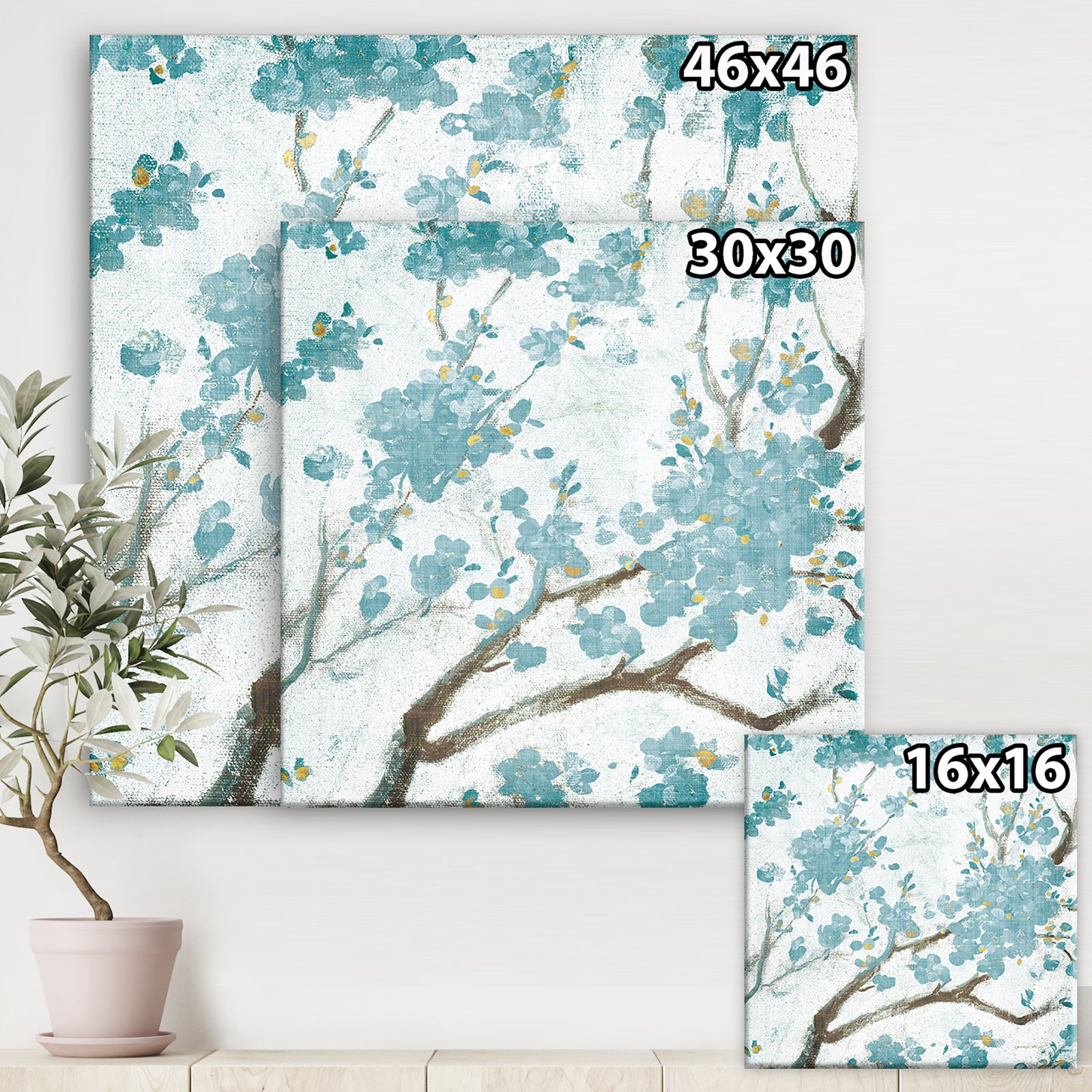 Teal Cherry Blossoms I - Traditional Floral Canvas Artwork
