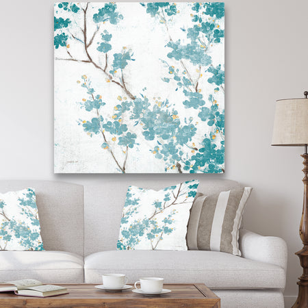Teal Cherry Blossoms II - Traditional Floral Canvas Art