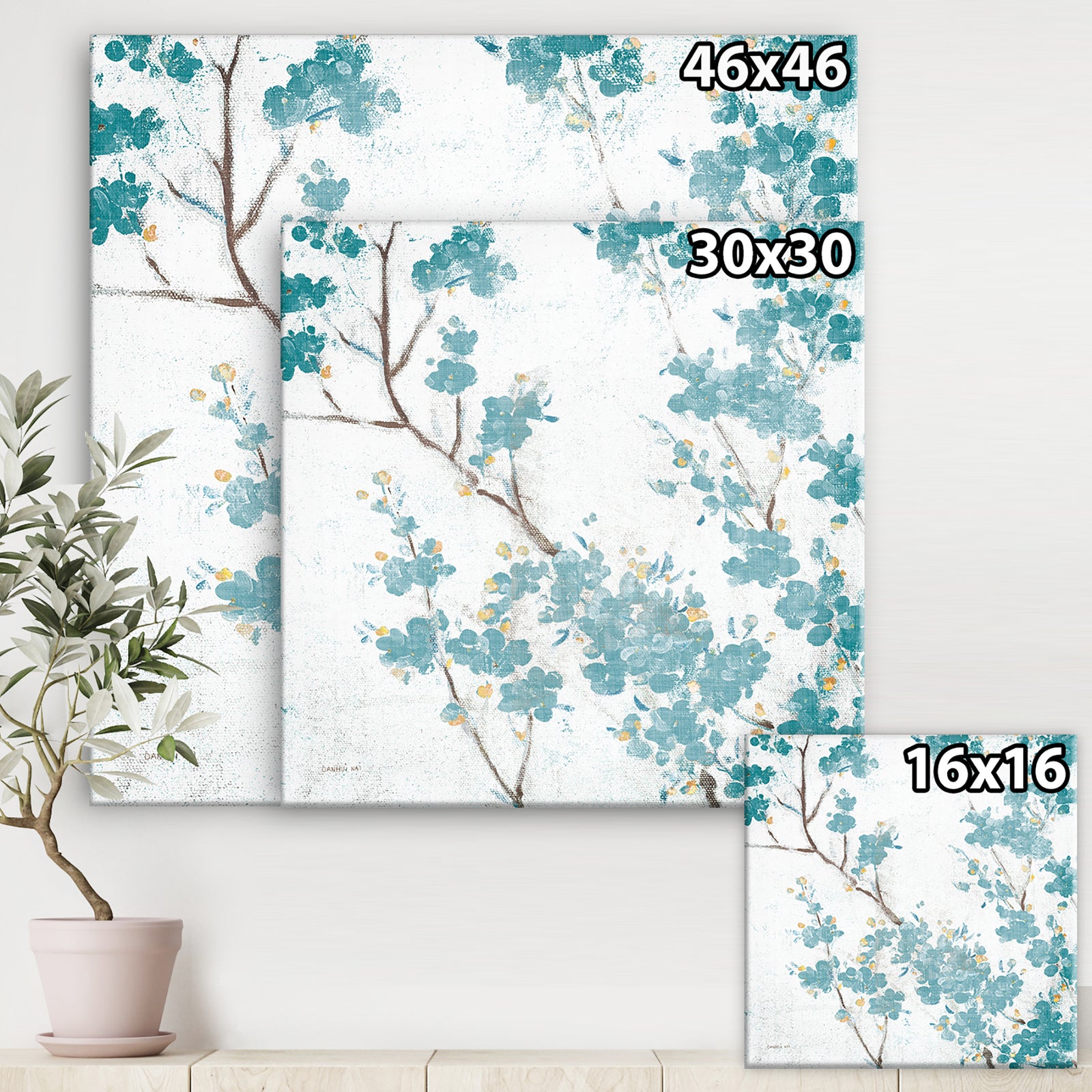 Teal Cherry Blossoms II - Traditional Floral Canvas Art