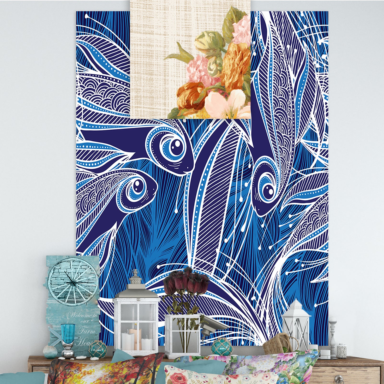 Tulips in Teal and Gold Hatbox on Linen - Cabin & Lodge Gallery-wrapped Canvas