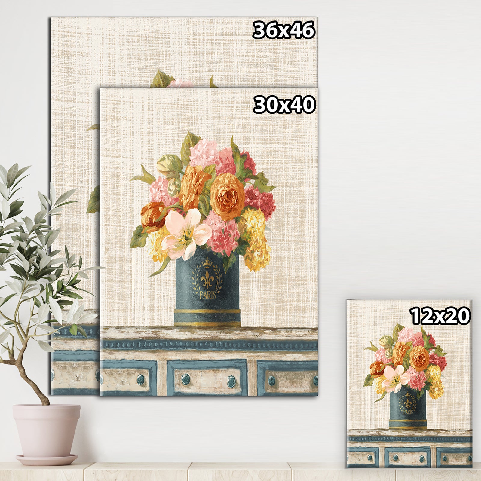 Tulips in Teal and Gold Hatbox on Linen - Cabin & Lodge Gallery-wrapped Canvas