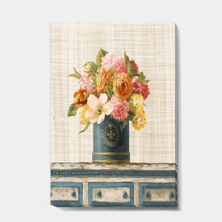 Tulips in Teal and Gold Hatbox on Linen - Cabin & Lodge Gallery-wrapped Canvas