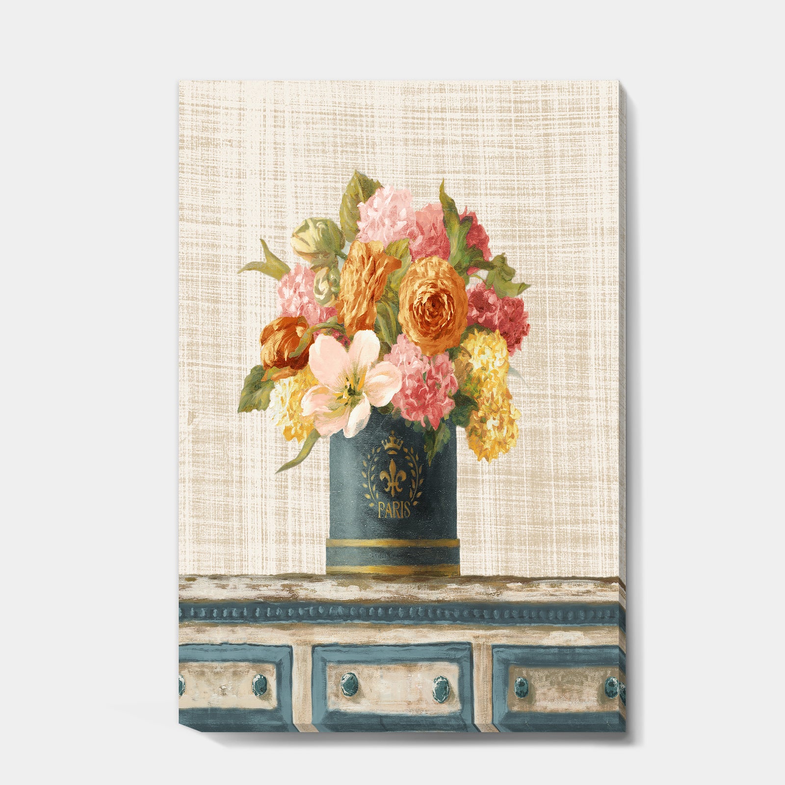 Tulips in Teal and Gold Hatbox on Linen - Cabin & Lodge Gallery-wrapped Canvas